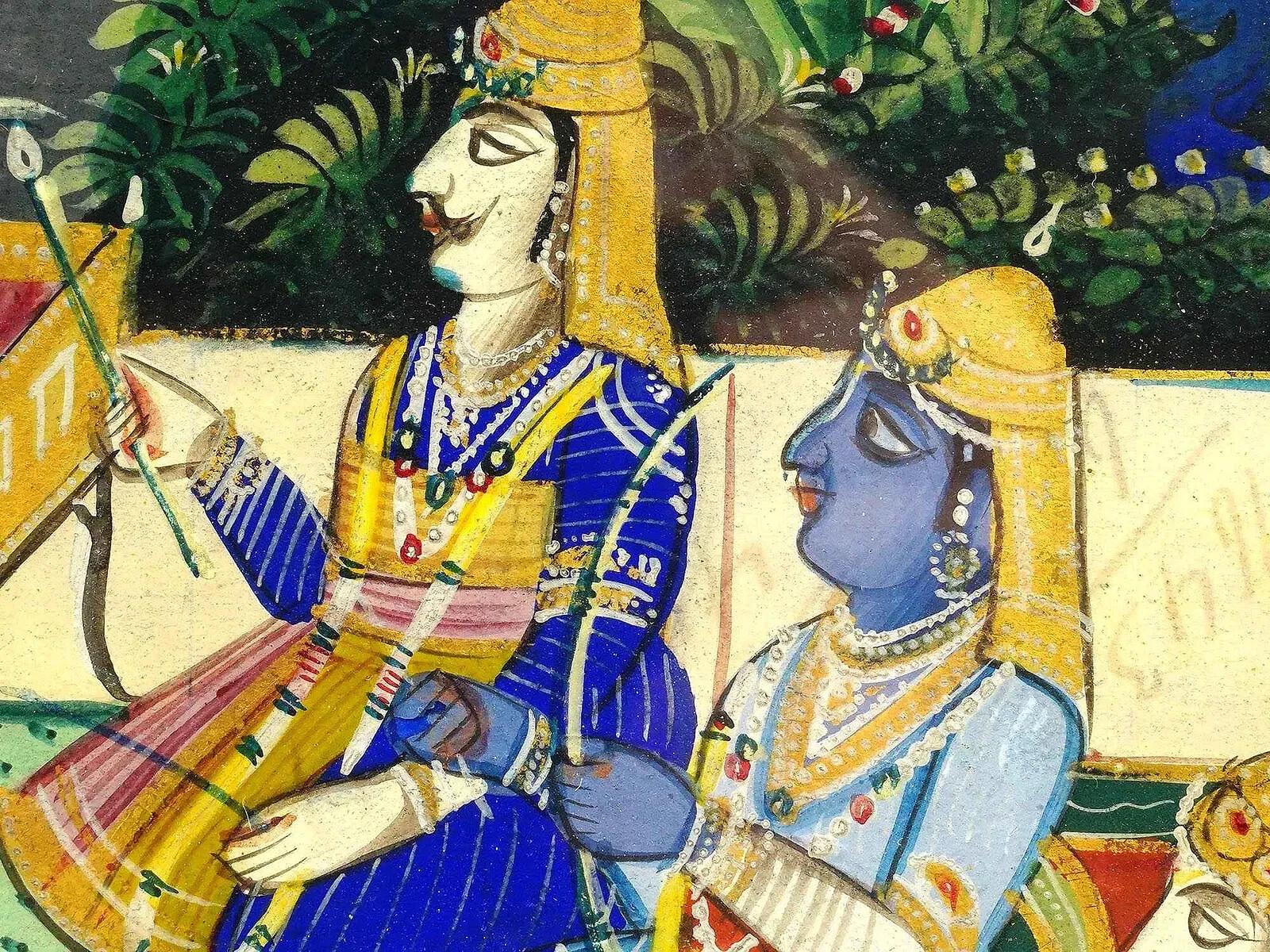 Antike indische Mughal Mixed Media Miniatur-Gemälde im Zustand „Gut“ im Angebot in Queens, NY