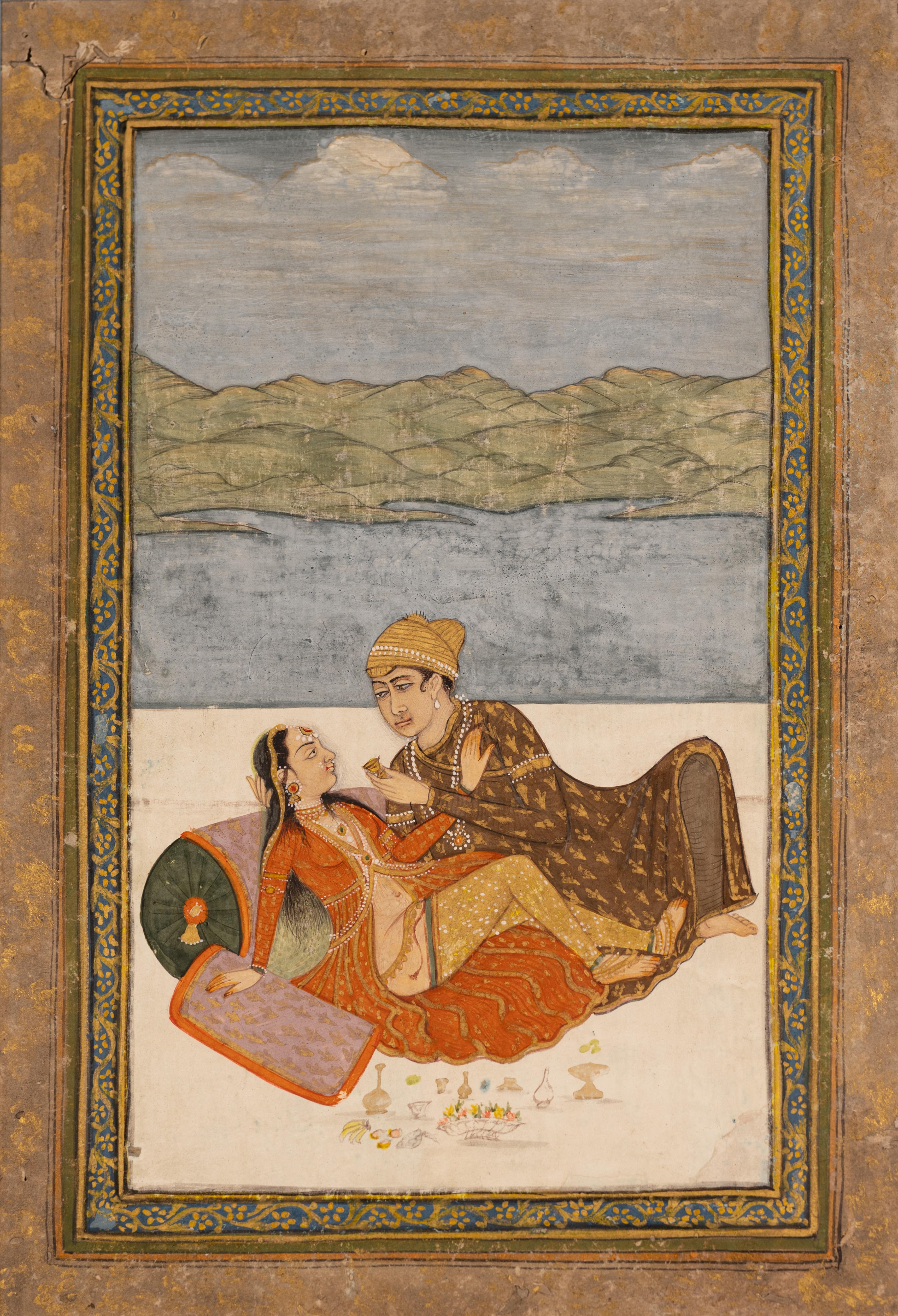 Hand-Painted Antique Indian Mughal Painting of a Couple in Erotic Embrace, 19th Century For Sale