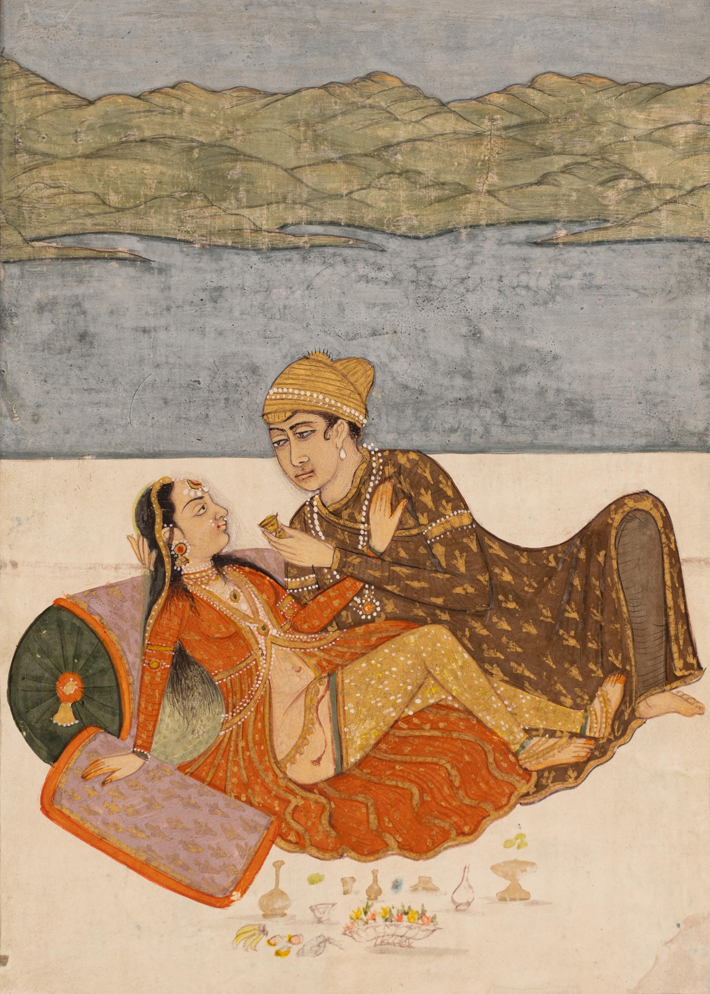 Antique Indian Mughal Painting of a Couple in Erotic Embrace, 19th Century In Good Condition For Sale In San Francisco, CA
