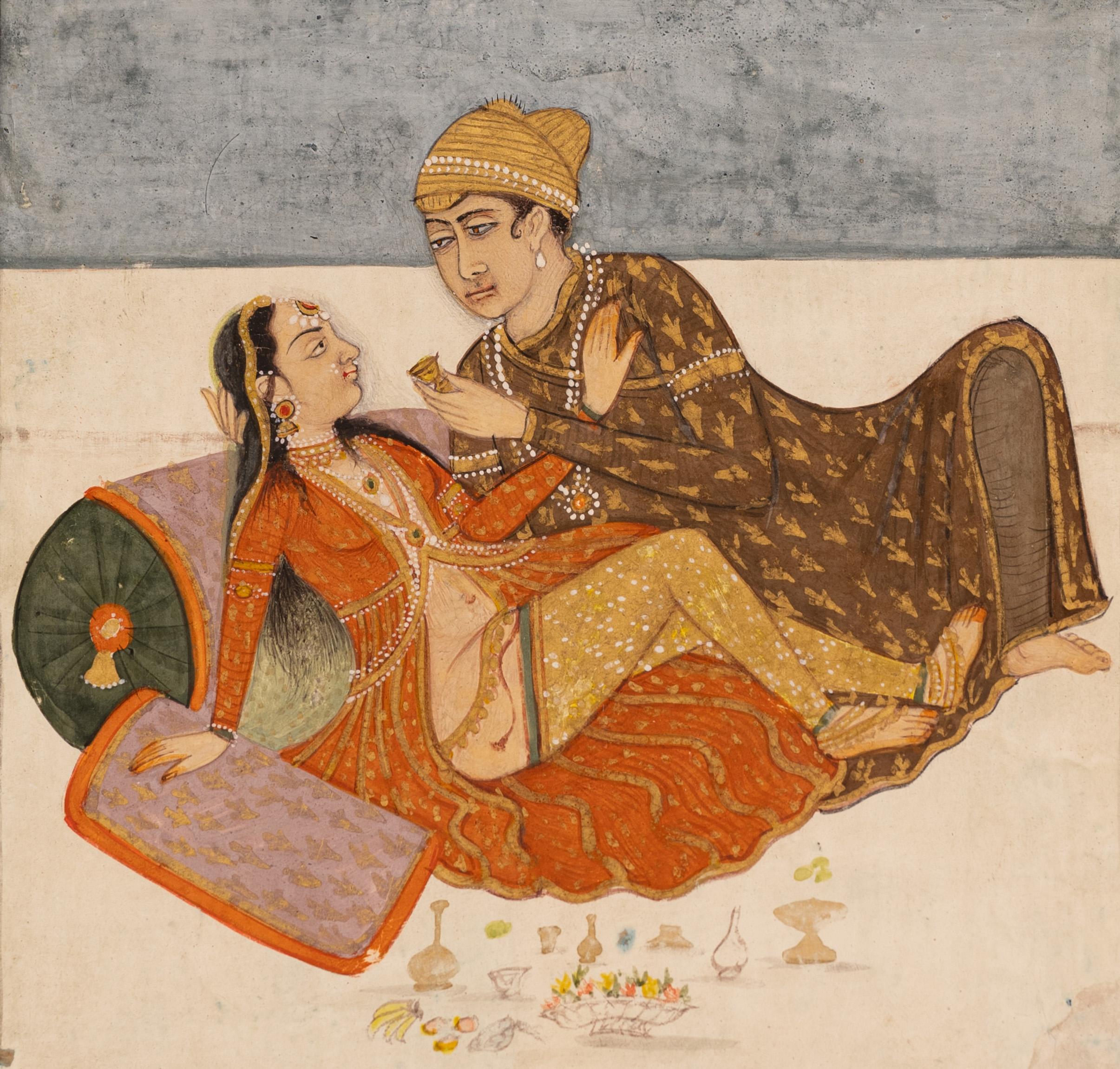 Paper Antique Indian Mughal Painting of a Couple in Erotic Embrace, 19th Century For Sale