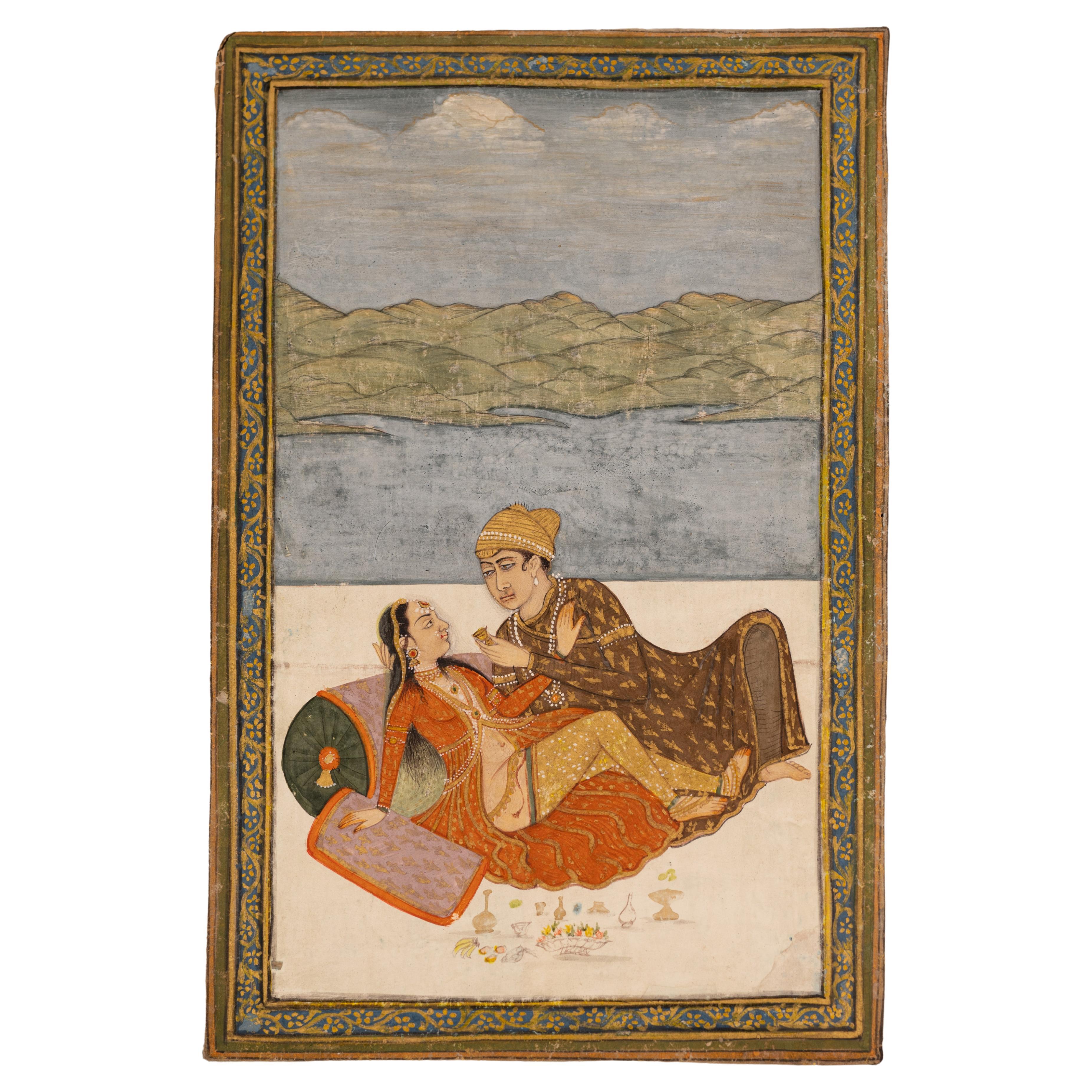 Antikes indisches Mughal-Gemälde eines Paares in erotischer Umarmung, 19. Jahrhundert