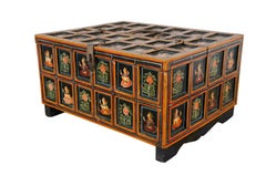 Antique Indian Mughal Polychrome Wood Panel Wedding Box Chest 15"