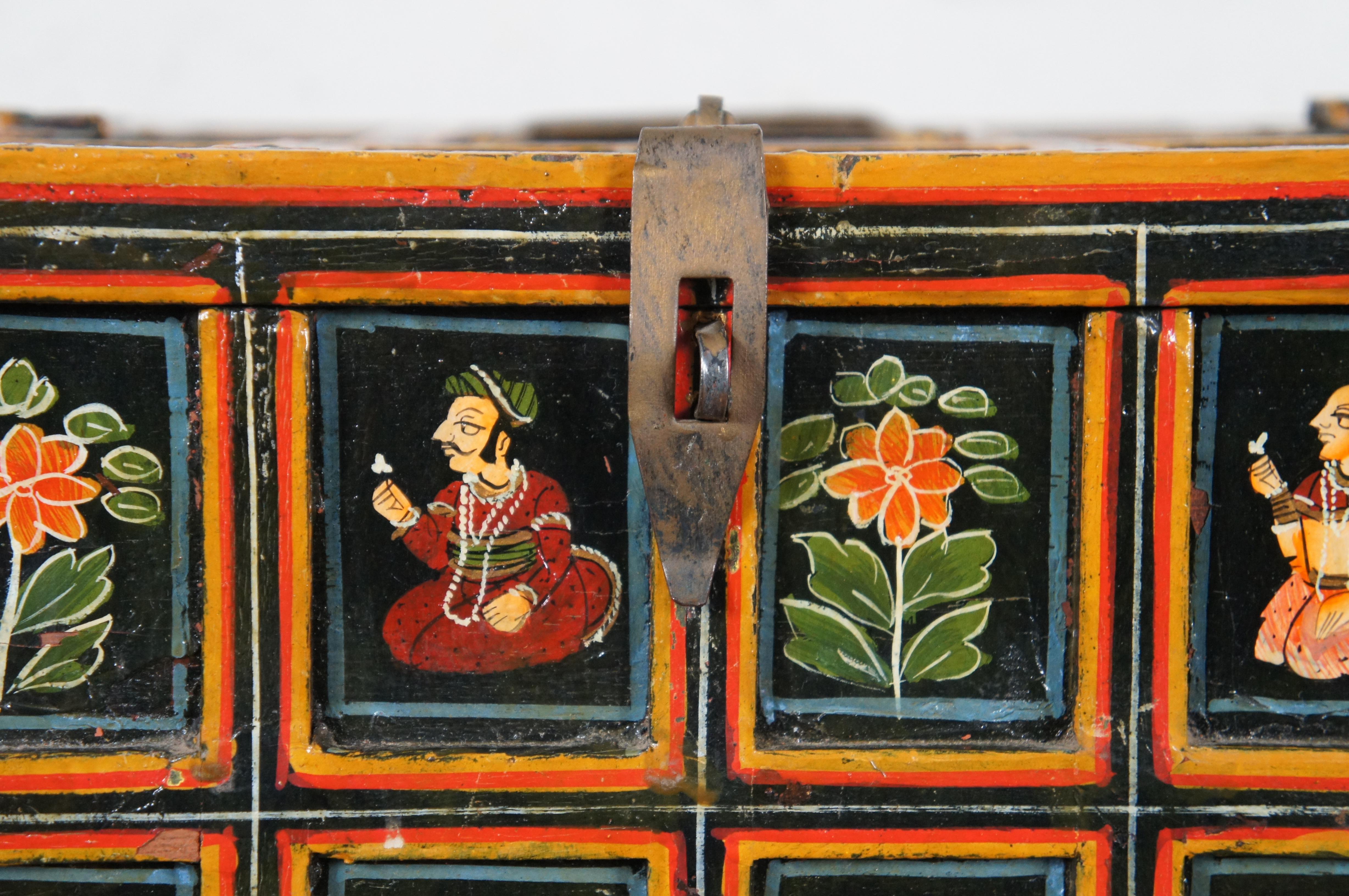 Antique Indian Mughal Polychrome Wood Panel Wedding Box Chest 15