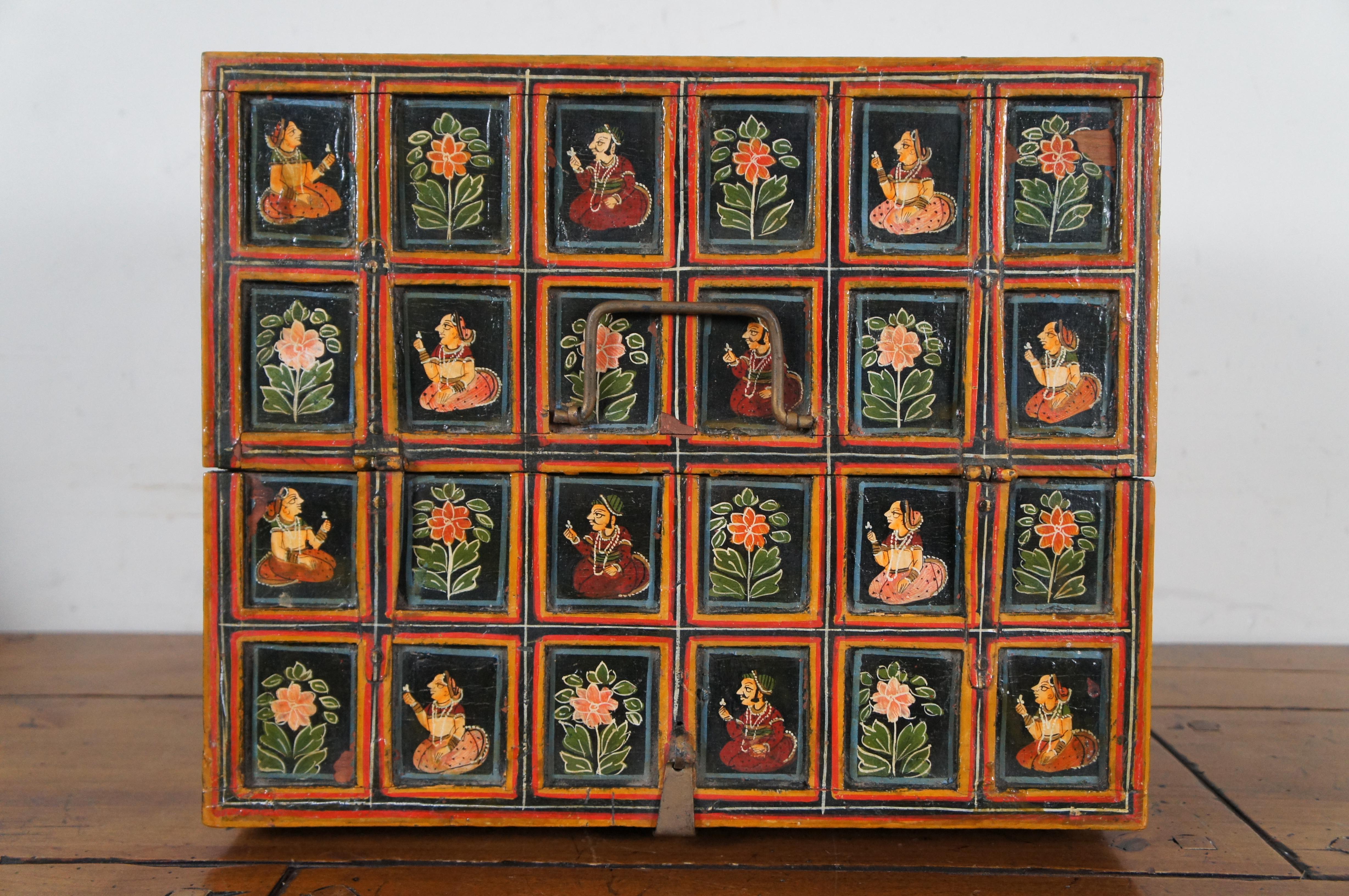 20th Century Antique Indian Mughal Polychrome Wood Panel Wedding Box Chest 15