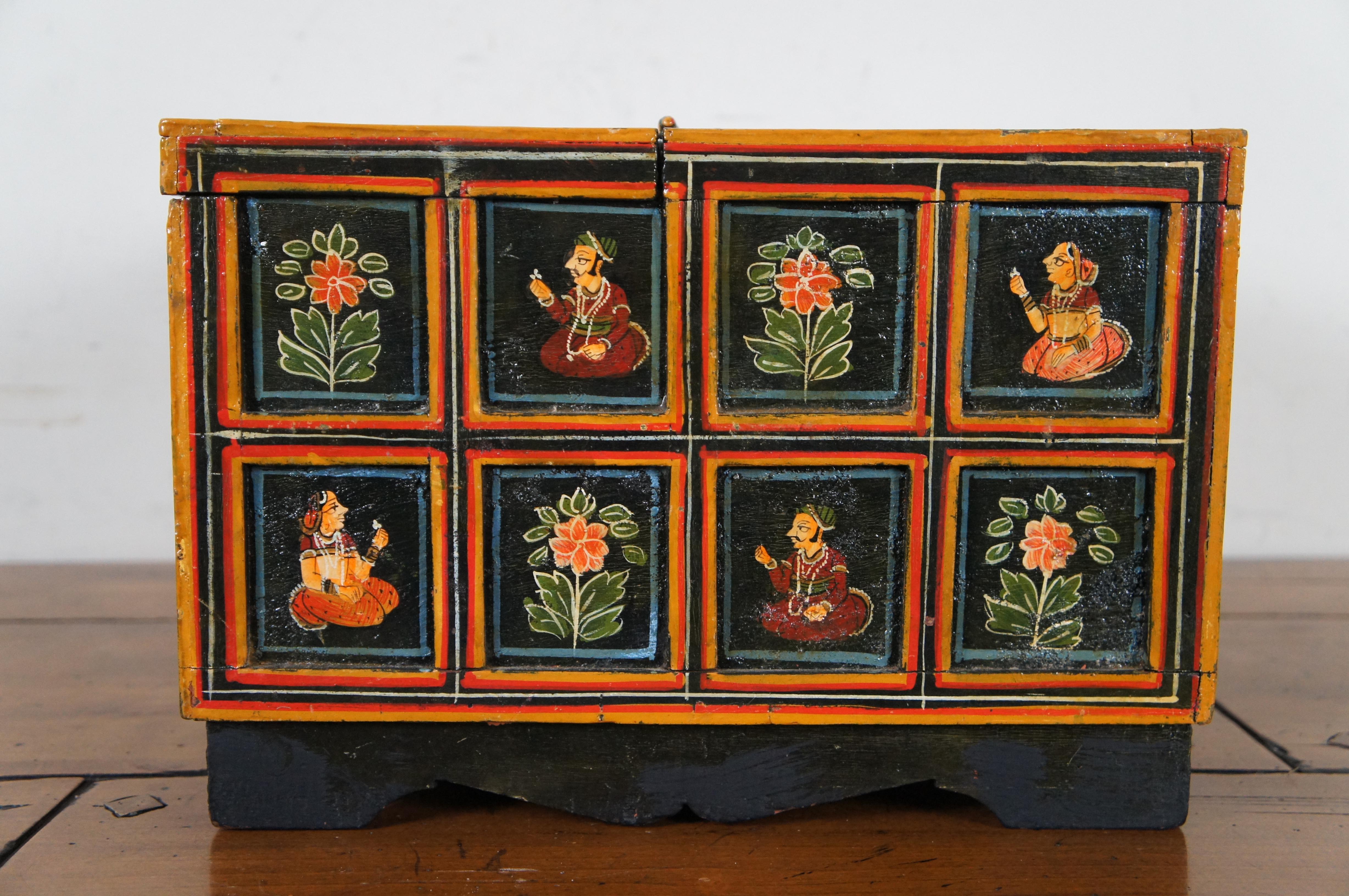 Hardwood Antique Indian Mughal Polychrome Wood Panel Wedding Box Chest 15