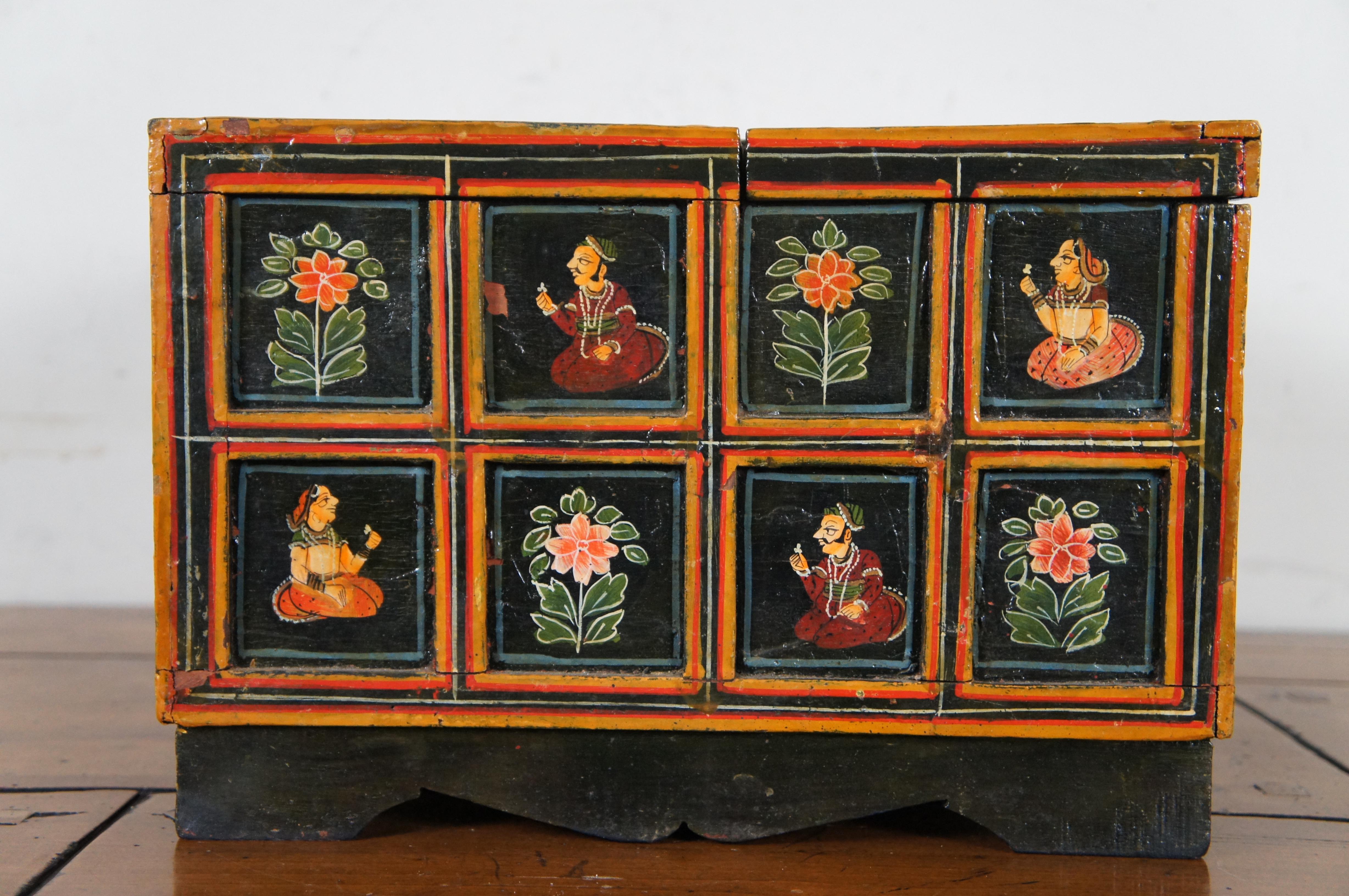 Antique Indian Mughal Polychrome Wood Panel Wedding Box Chest 15