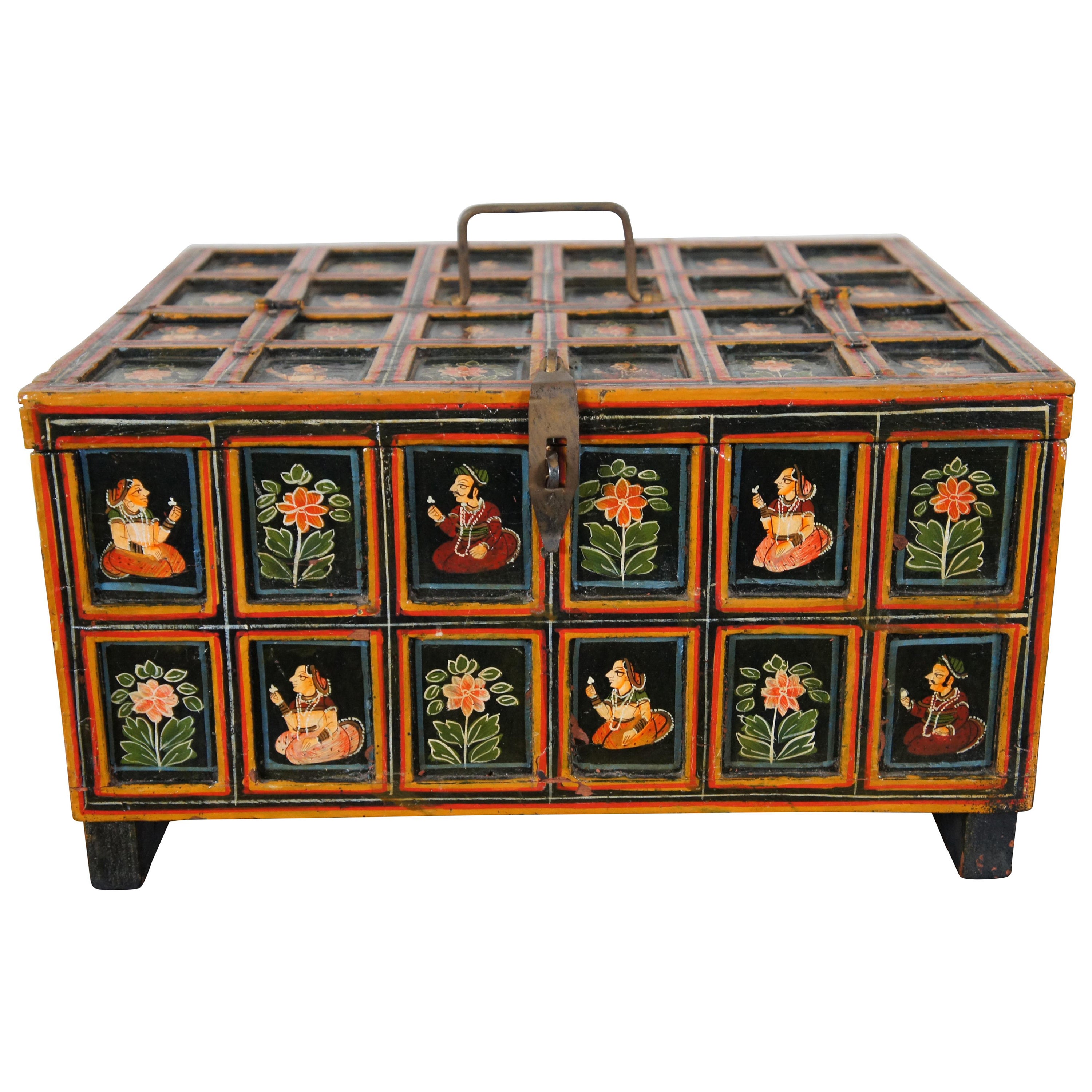 Antique Indian Mughal Polychrome Wood Panel Wedding Box Chest 15"