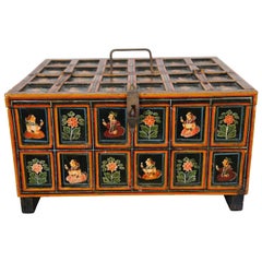 Antique Indian Mughal Polychrome Wood Panel Wedding Box Chest 15"