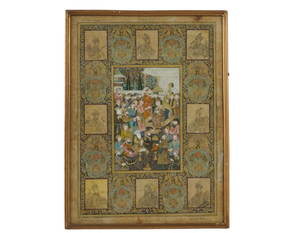 An antique Indian Mughal School painting, executed in body color on paper, depicting a court scene in the middle. Surrounded by eight portraits of emperors, each meticulously rendered and signed to the side. Dating back to the mid to late 18th
