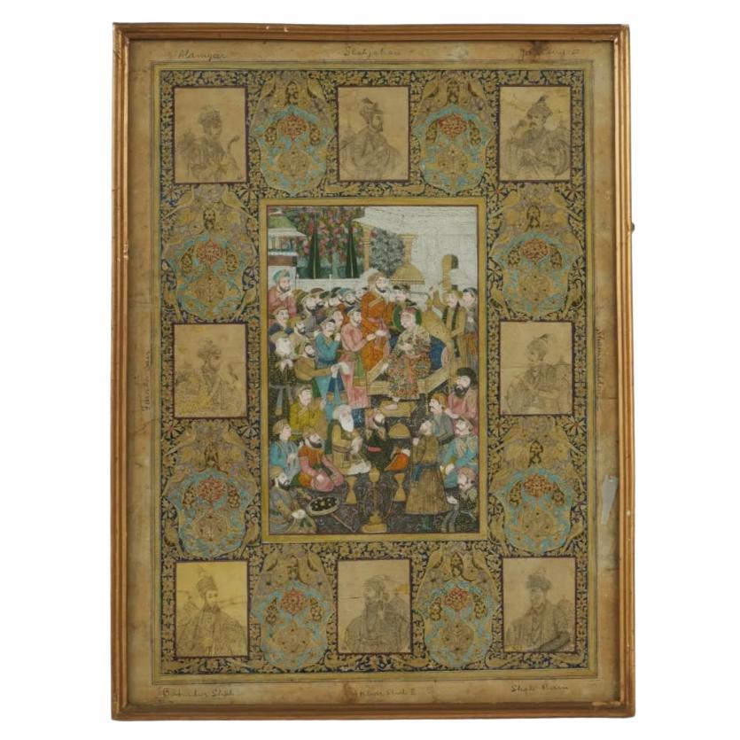 Antique Indian Mughal School Painting Court Emperors
