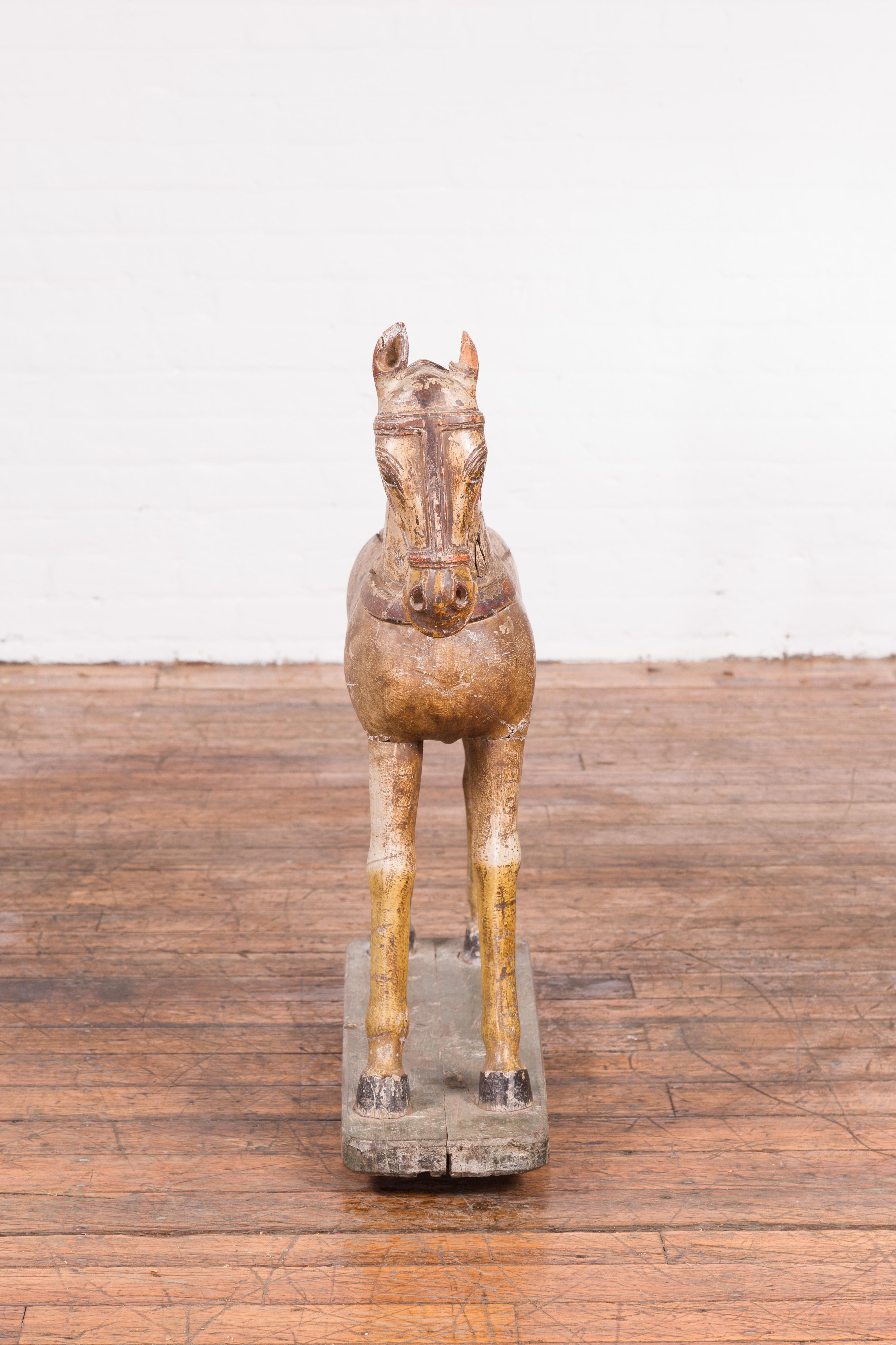 Antique Indian Multicolor Hand-Carved Wooden Mogul Horse on Rectangular Base For Sale 5