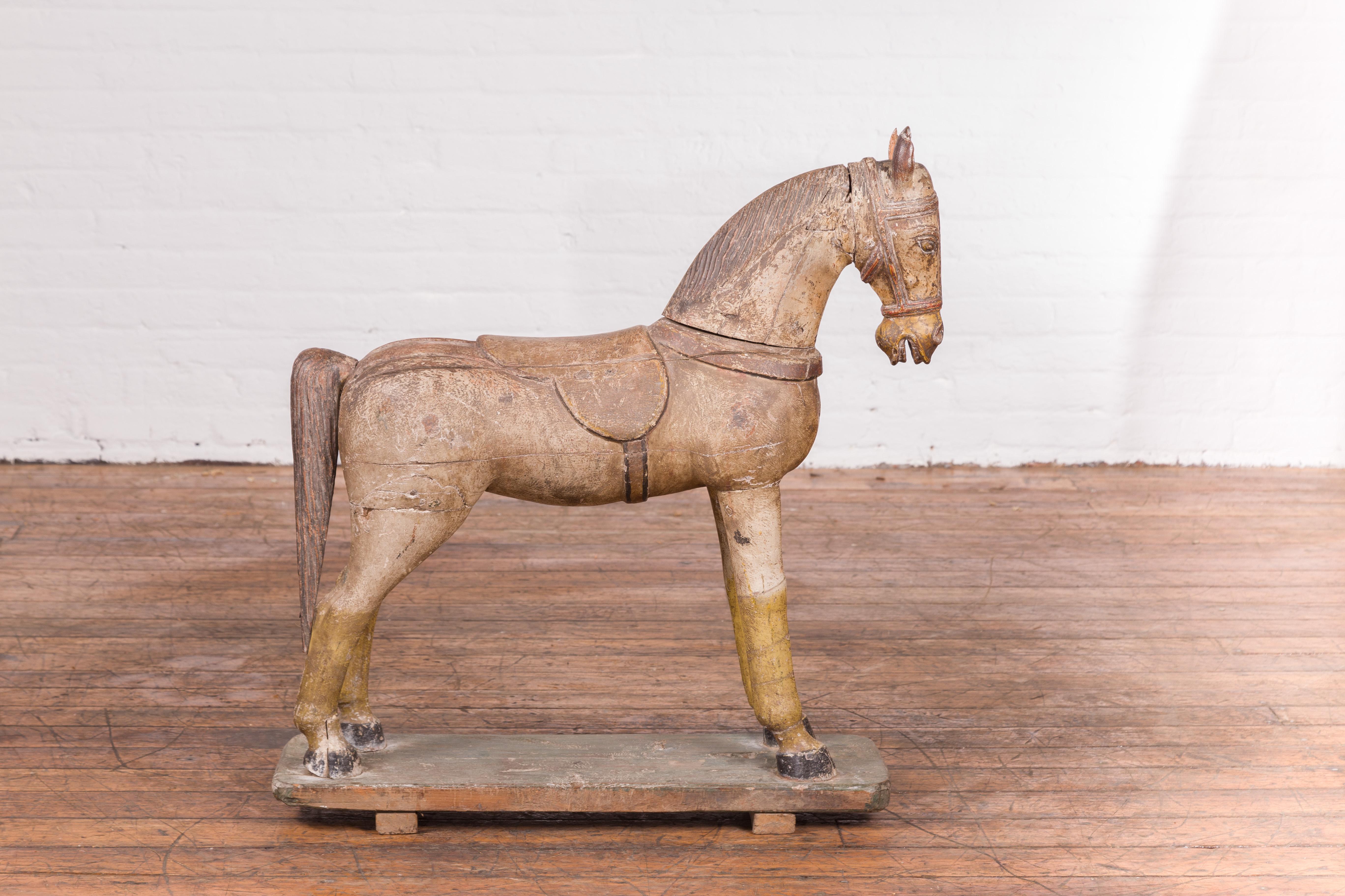 Antique Indian Multicolor Hand-Carved Wooden Mogul Horse on Rectangular Base For Sale 6
