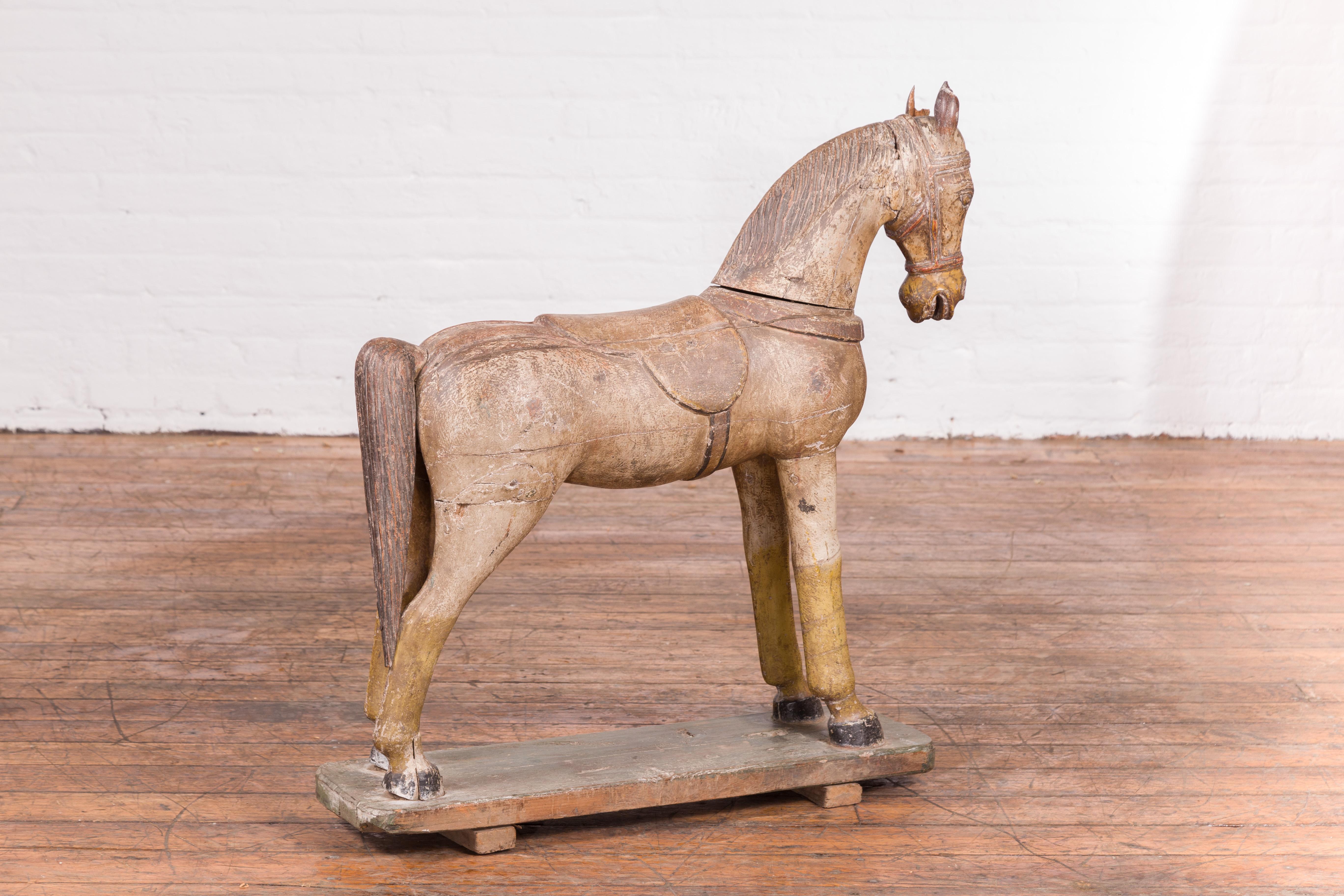Antique Indian Multicolor Hand-Carved Wooden Mogul Horse on Rectangular Base For Sale 7