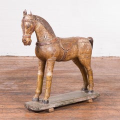 Antique Indian Multicolor Hand-Carved Wooden Mogul Horse on Rectangular Base