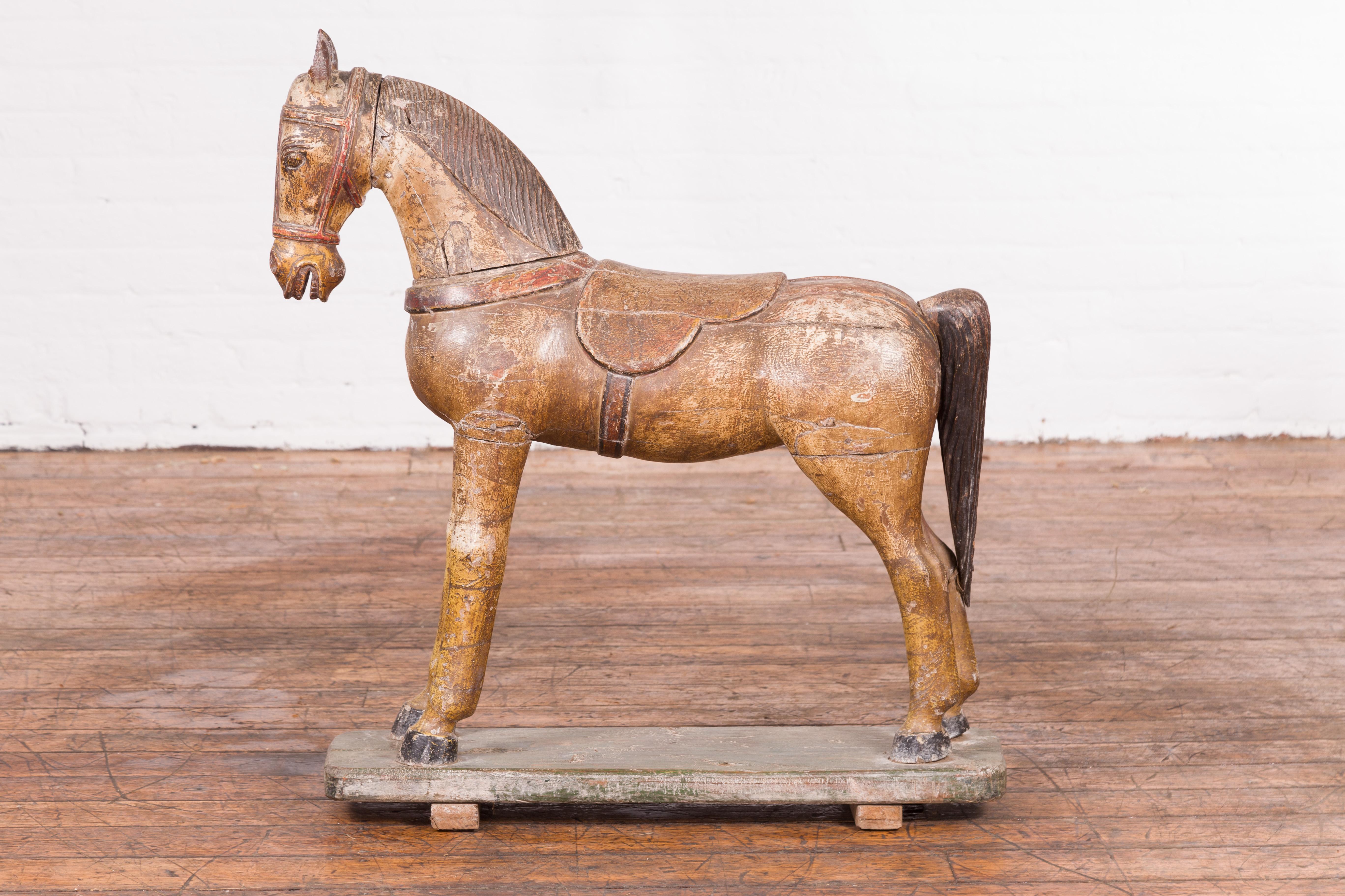 Antique Indian Multicolor Hand-Carved Wooden Mogul Horse on Rectangular Base In Good Condition For Sale In Yonkers, NY