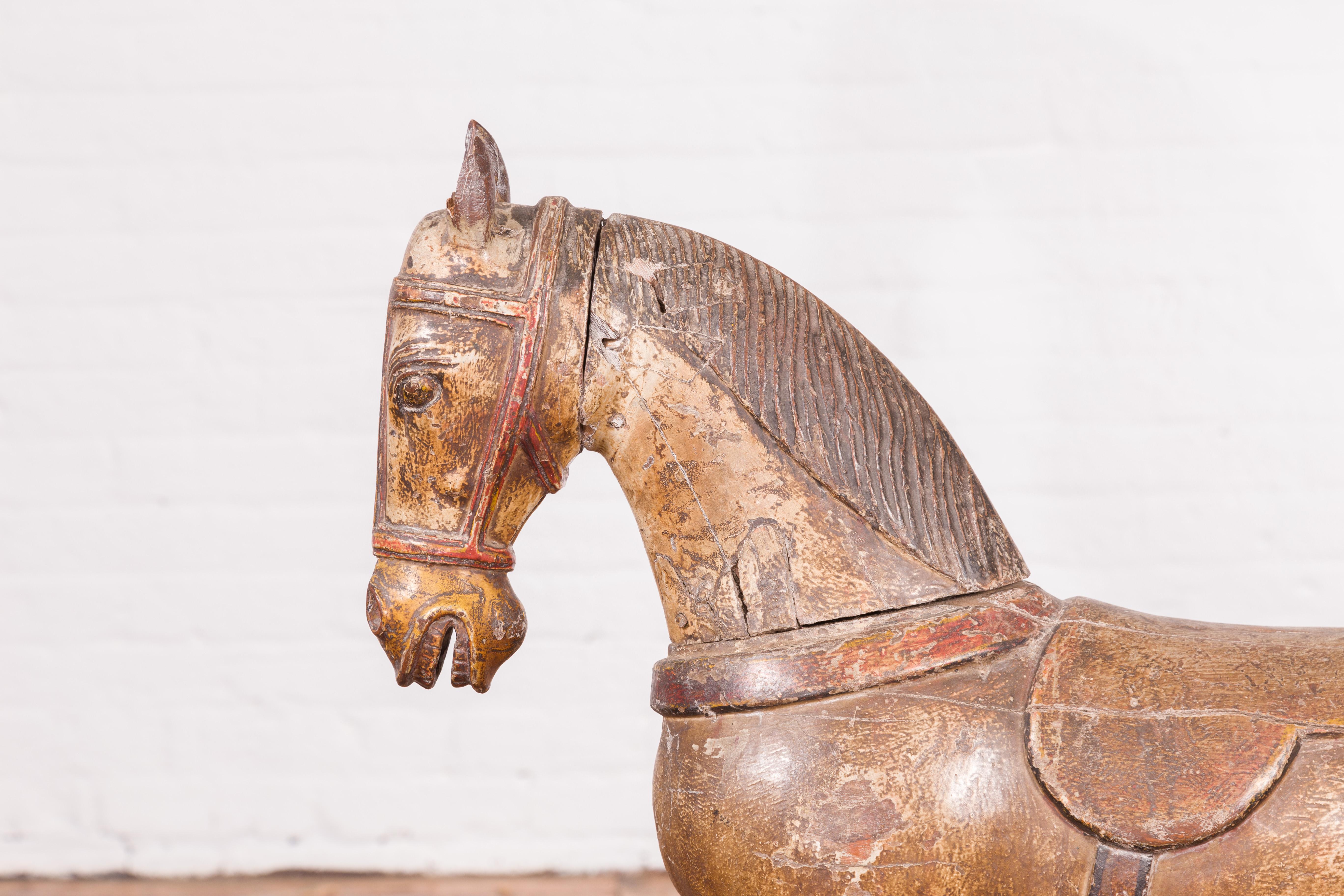 20th Century Antique Indian Multicolor Hand-Carved Wooden Mogul Horse on Rectangular Base For Sale