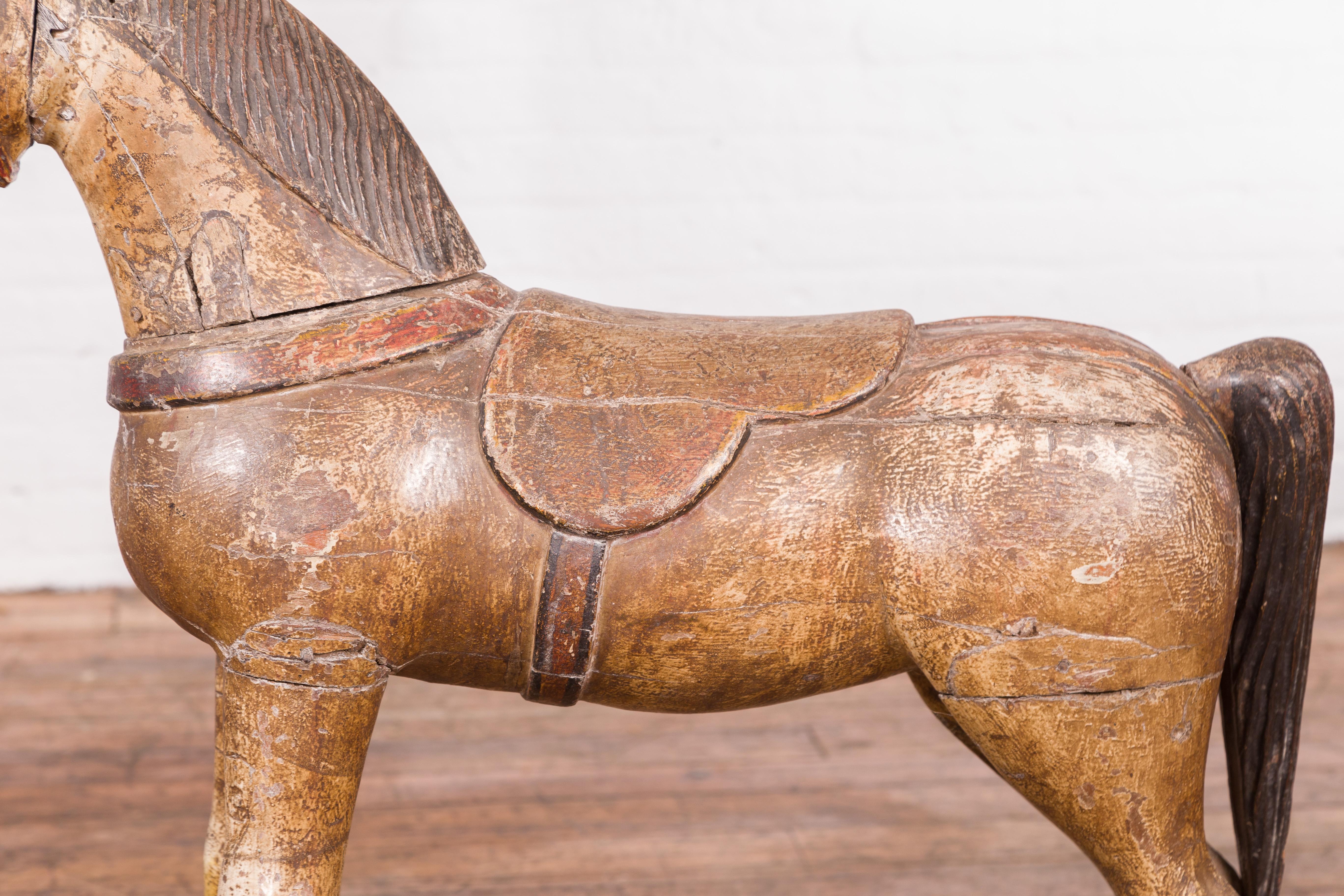 Antique Indian Multicolor Hand-Carved Wooden Mogul Horse on Rectangular Base For Sale 1