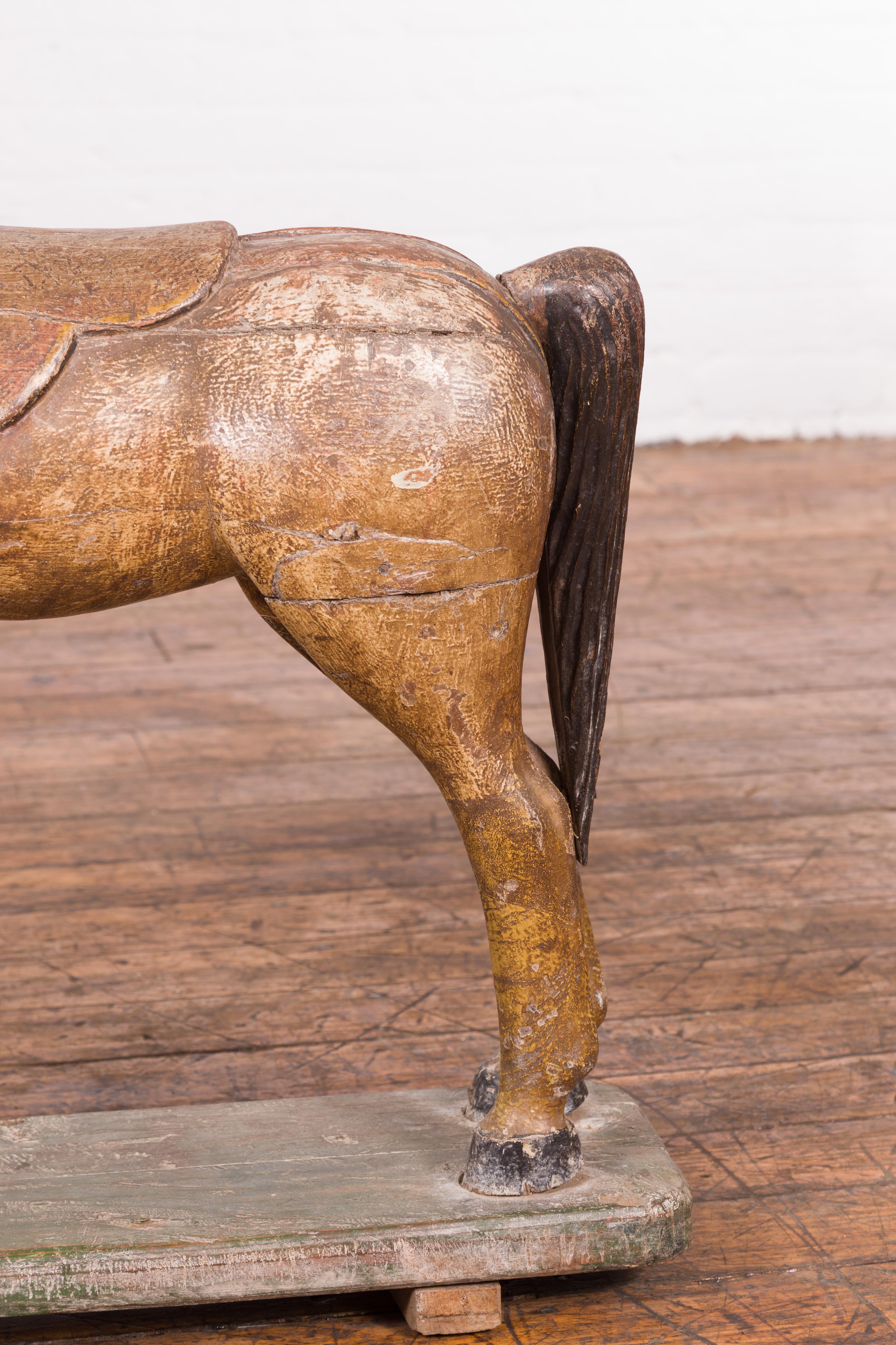 Antique Indian Multicolor Hand-Carved Wooden Mogul Horse on Rectangular Base For Sale 2
