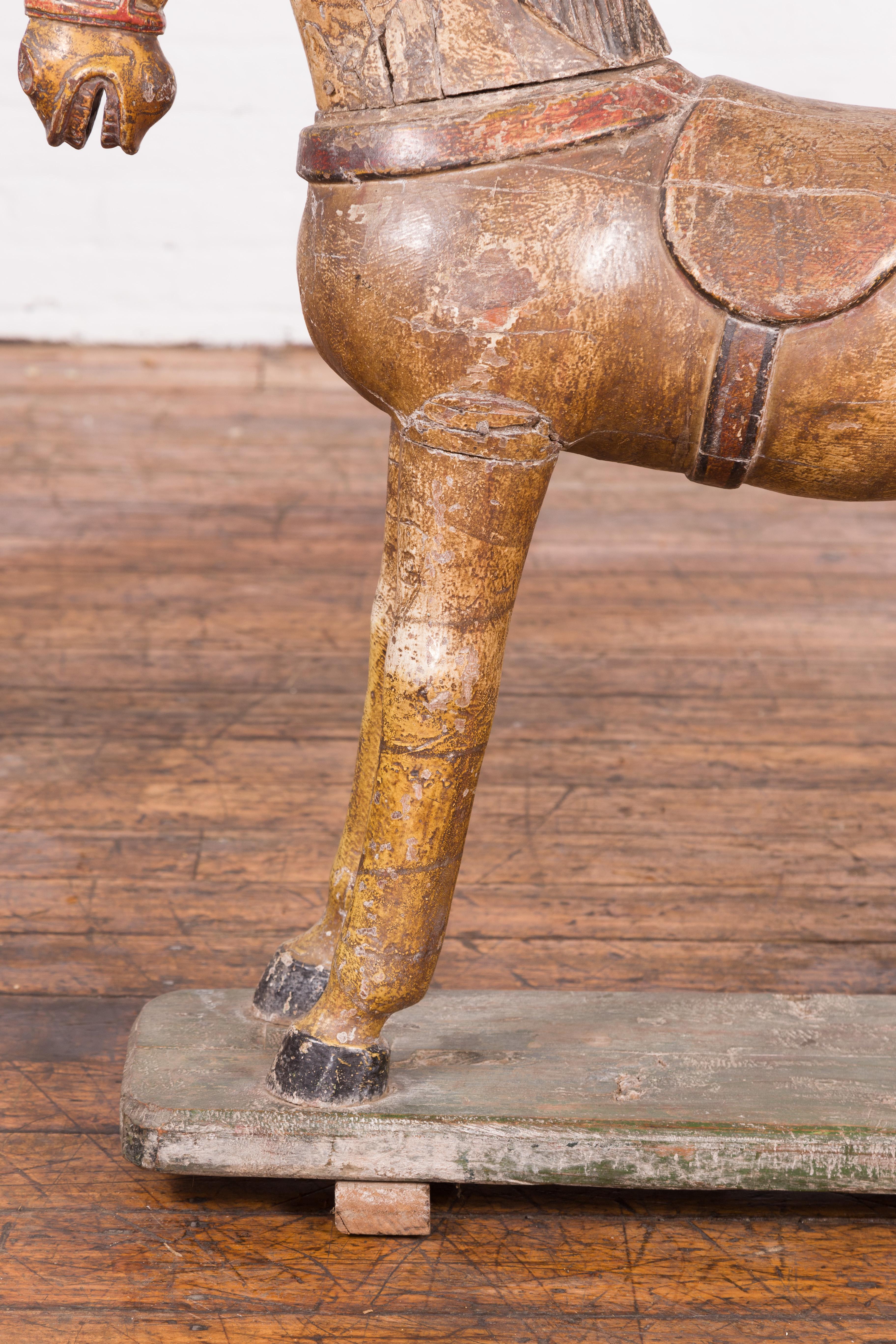 Antique Indian Multicolor Hand-Carved Wooden Mogul Horse on Rectangular Base For Sale 3