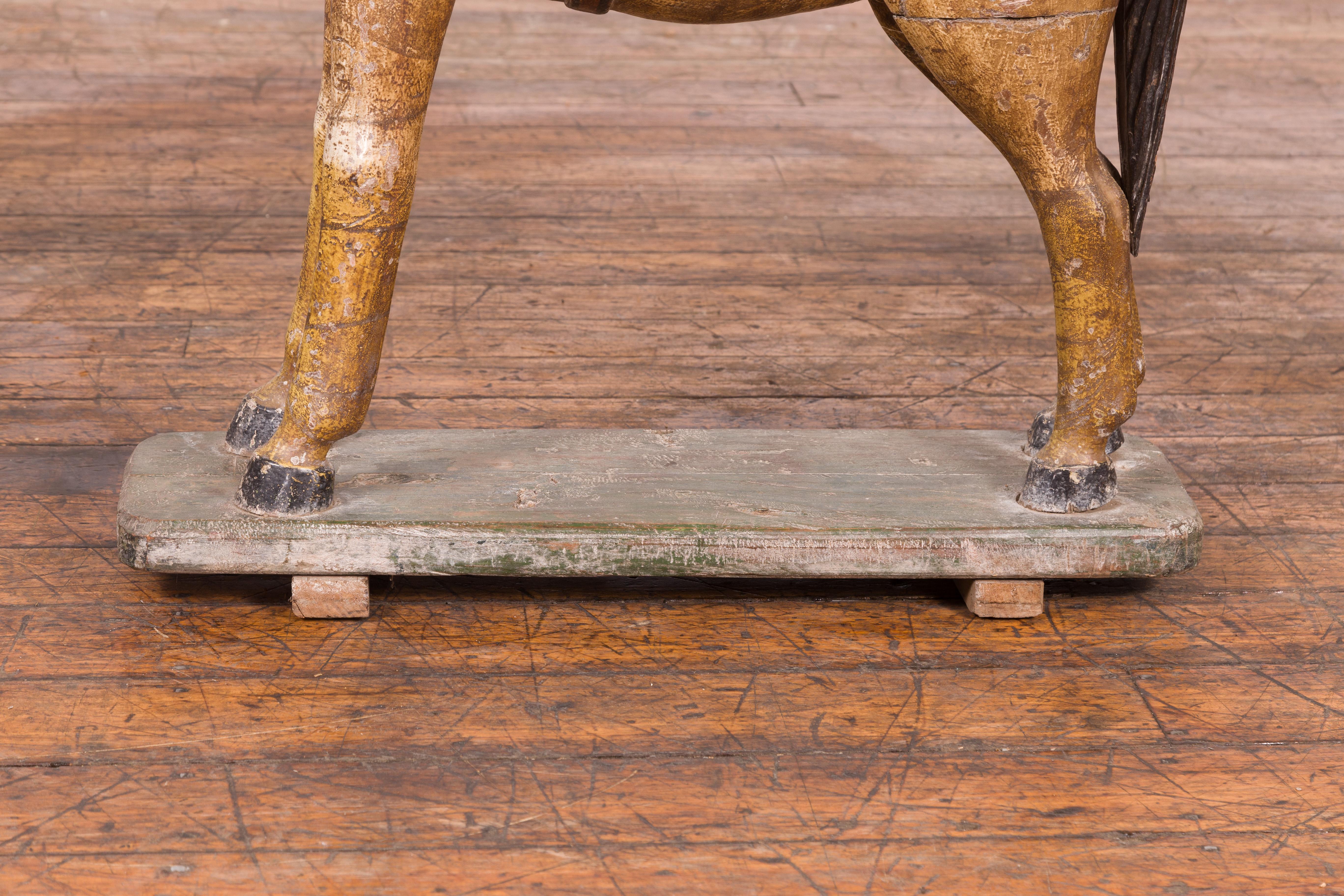 Antique Indian Multicolor Hand-Carved Wooden Mogul Horse on Rectangular Base For Sale 4