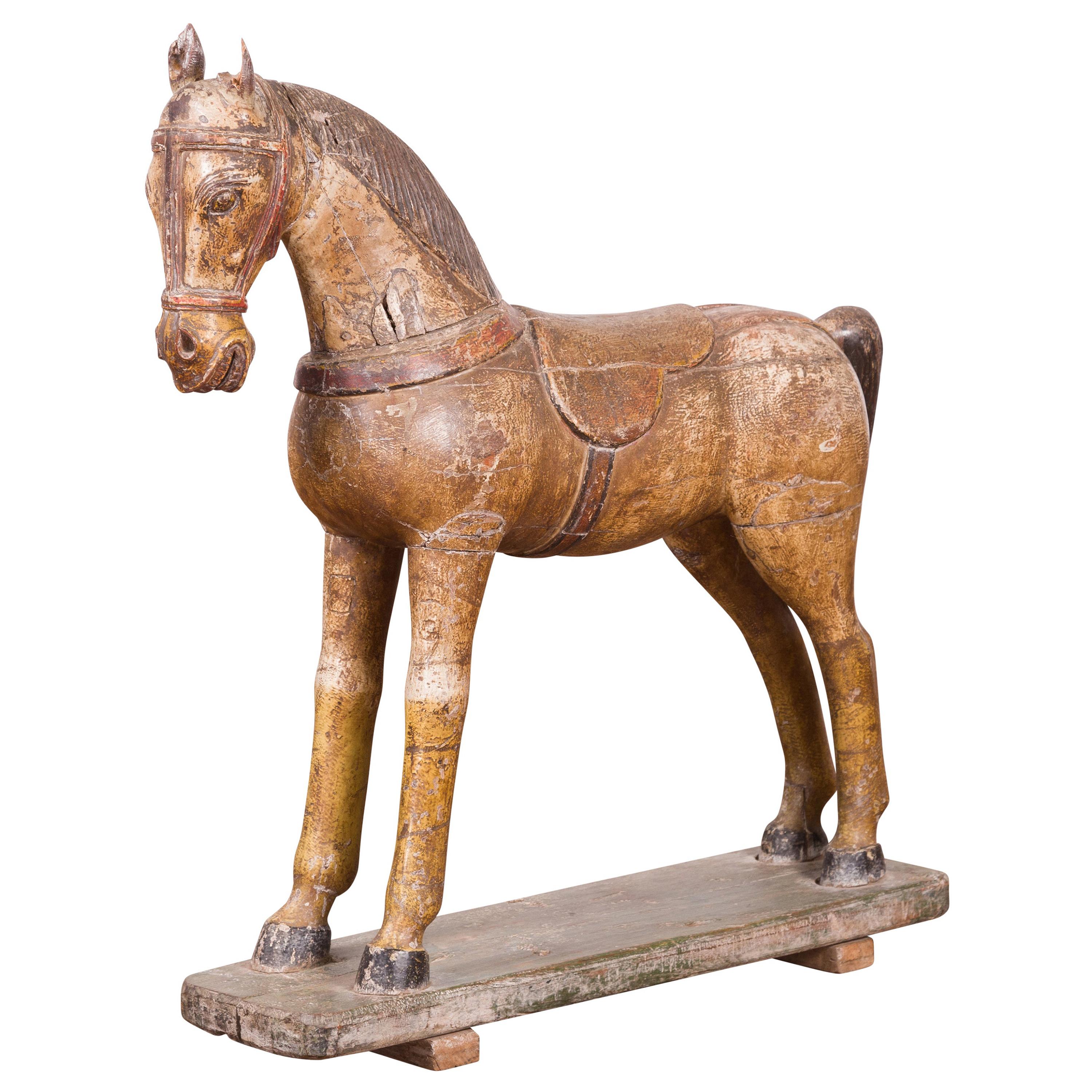 Antique Indian Multicolor Hand-Carved Wooden Mogul Horse on Rectangular Base For Sale