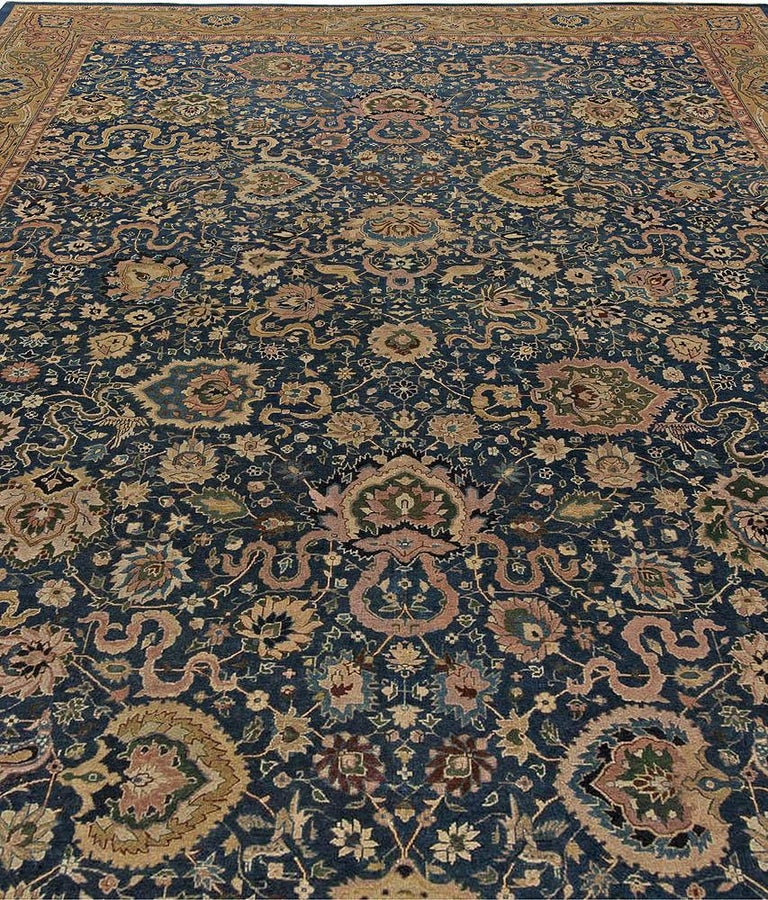 Antique Indian Navy Blue and Beige Handmade Wool Carpet by Doris Leslie