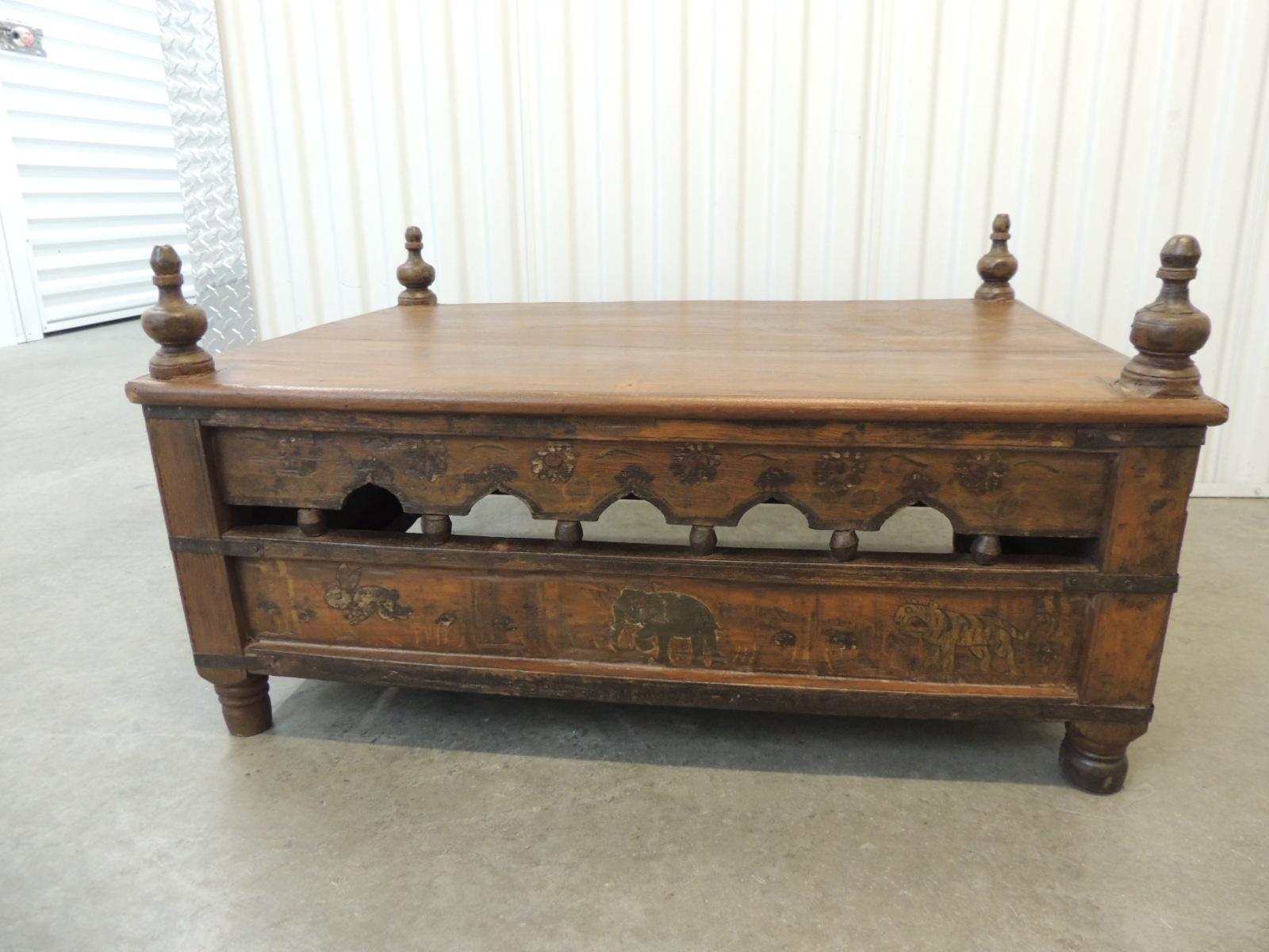 Moorish Antique Indian Painted Coffee Table Originally a Baby Crib
