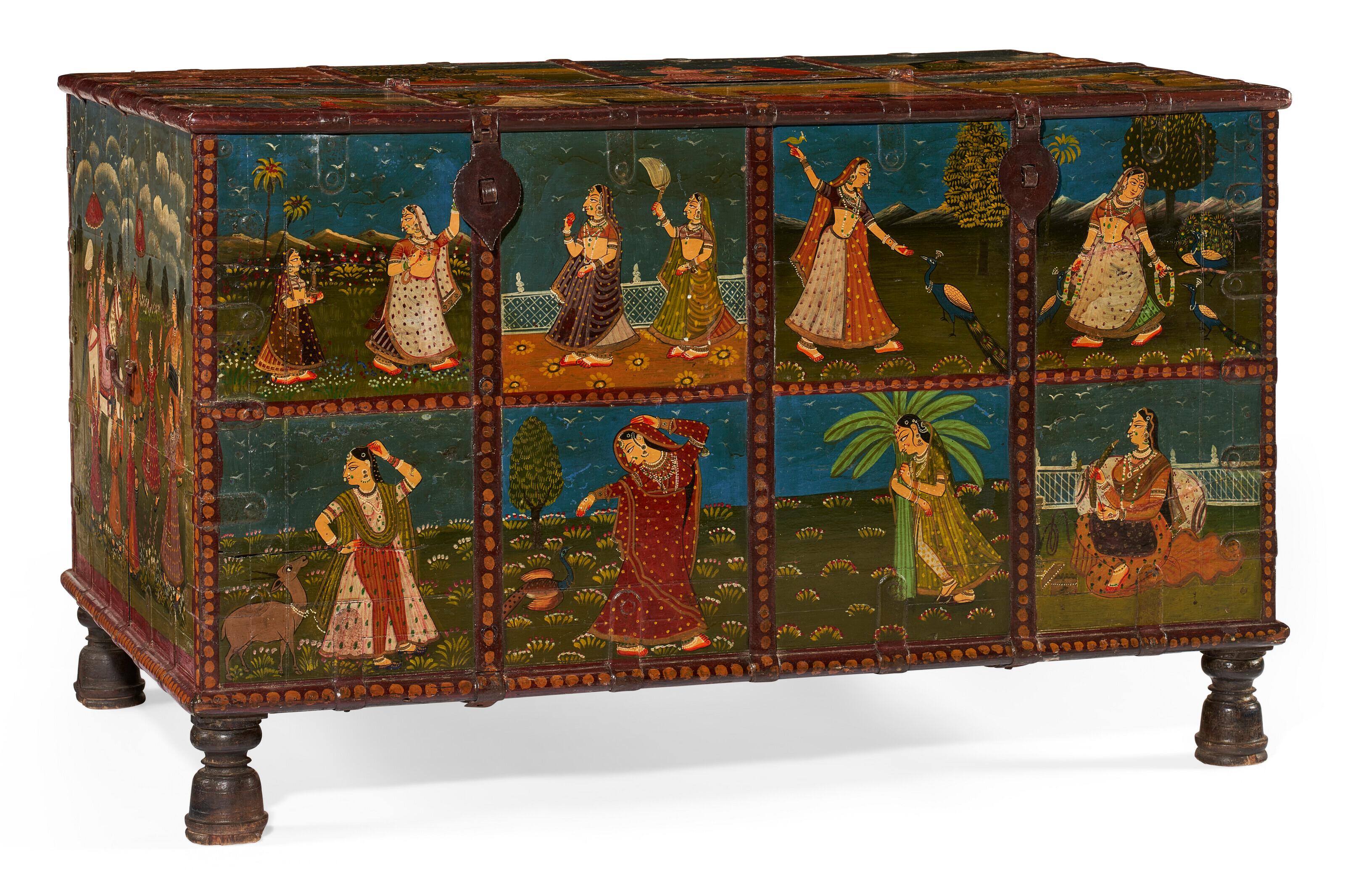 Hand-Painted Antique Indian Painted Padouk Chest For Sale