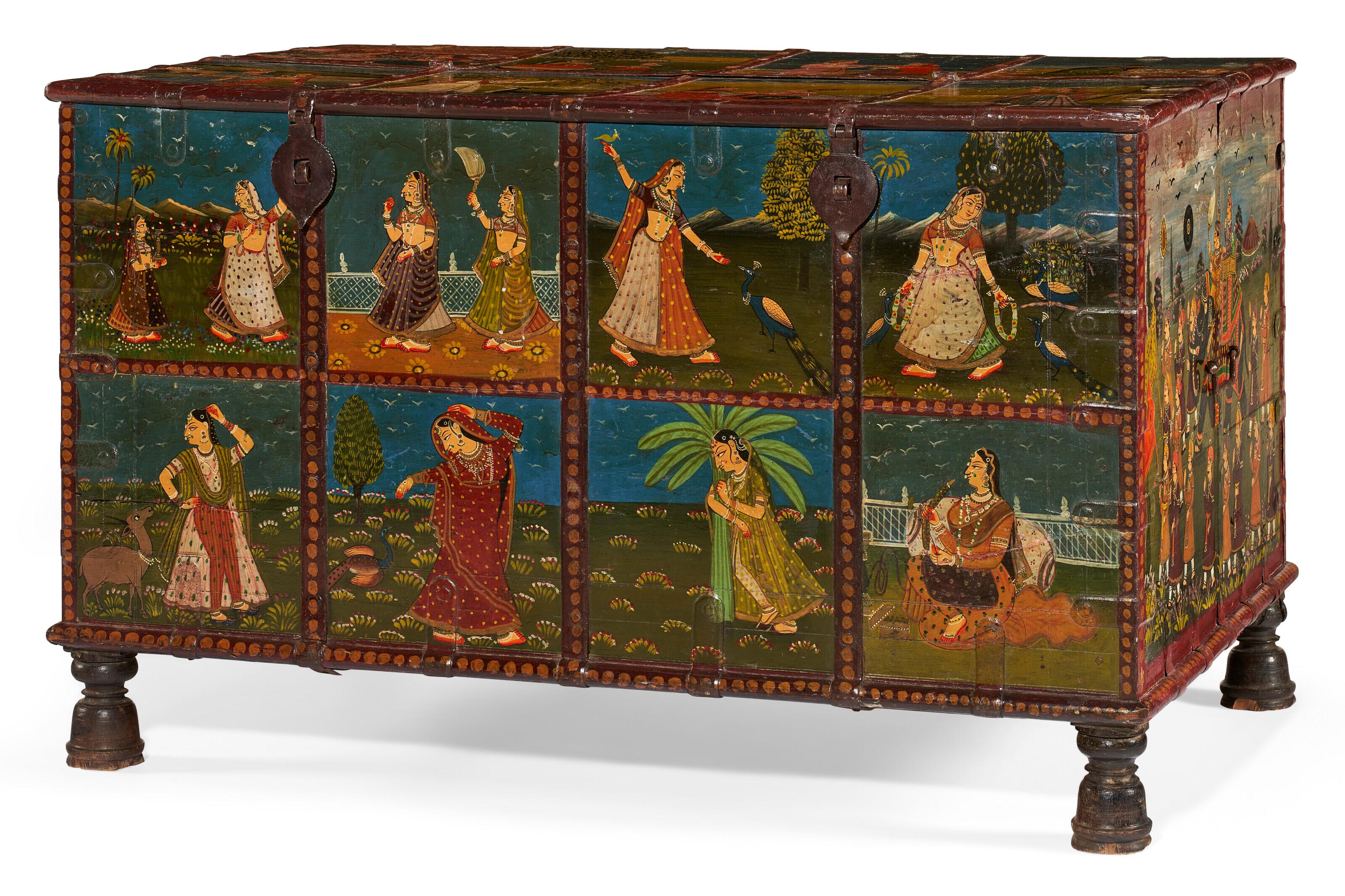 Antique Indian Painted Padouk Chest For Sale 1