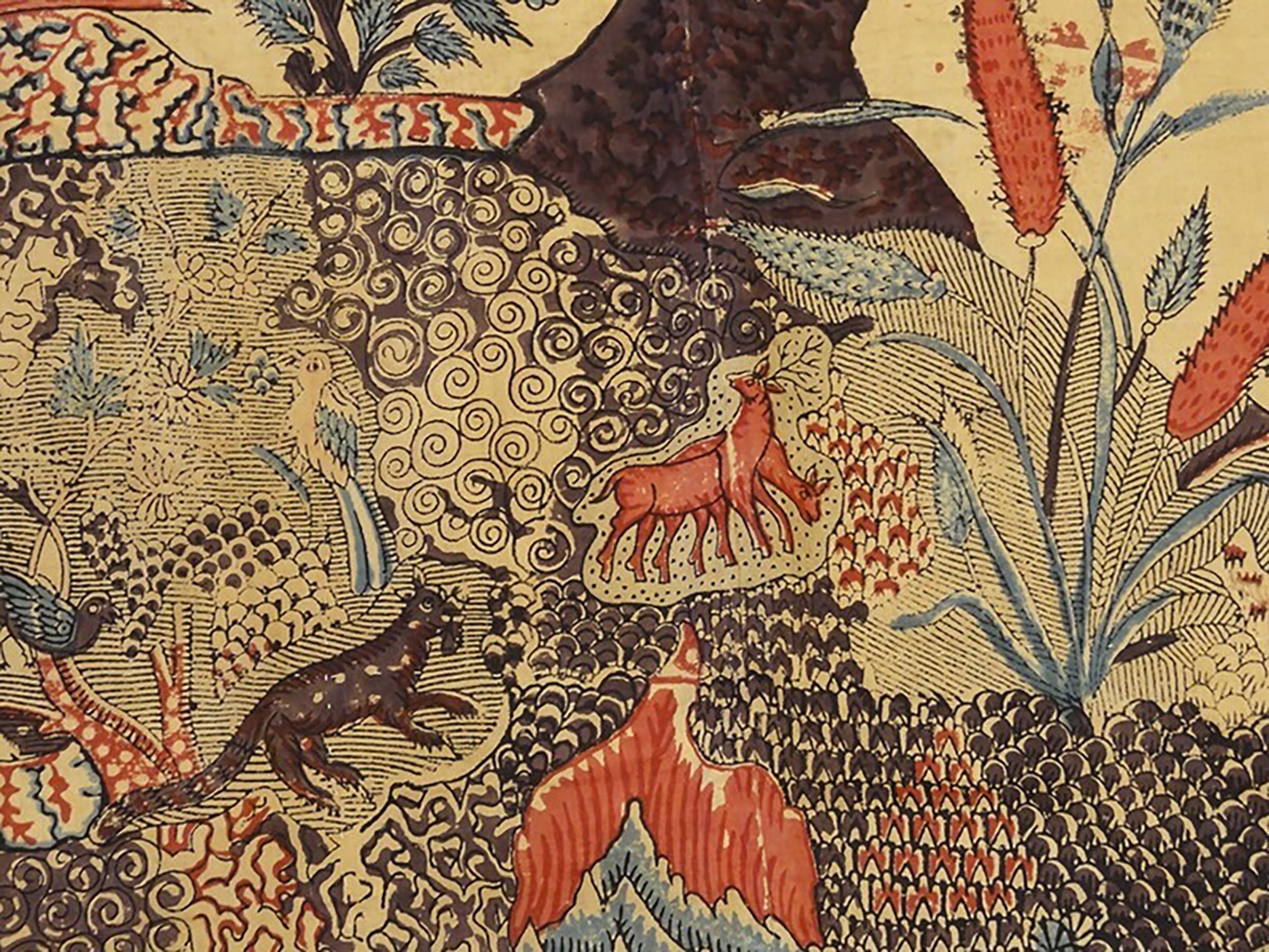 Cet exquis arbre de vie indien ancien de Palampore est un exemple époustouflant d'art textile et de symbolisme culturel. Brodé à la main avec une précision remarquable, il représente un luxuriant 