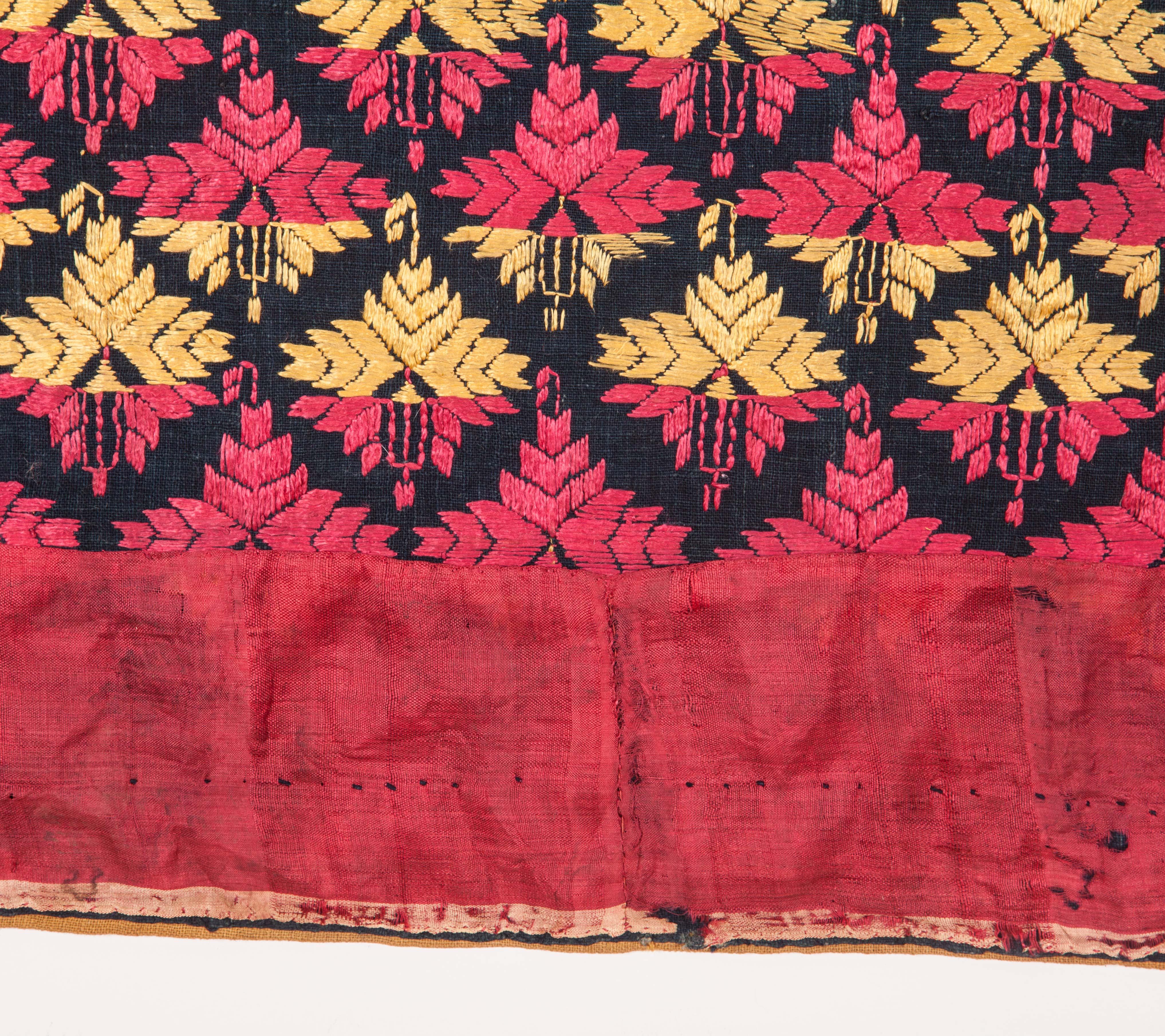 Embroidered Antique Indian Phulkari Opened Up Skirt on Indigo, Early 20th Century