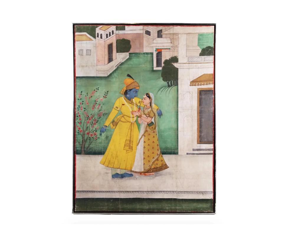 A fine Indian Pichwai painting depicting Krishna and Radha in a landscape. Hand painted using the natural dyes on linen fabric. Dated from the early 20th century. One of a kind artwork. Oriental Art, Collectible Indian paintings for wall