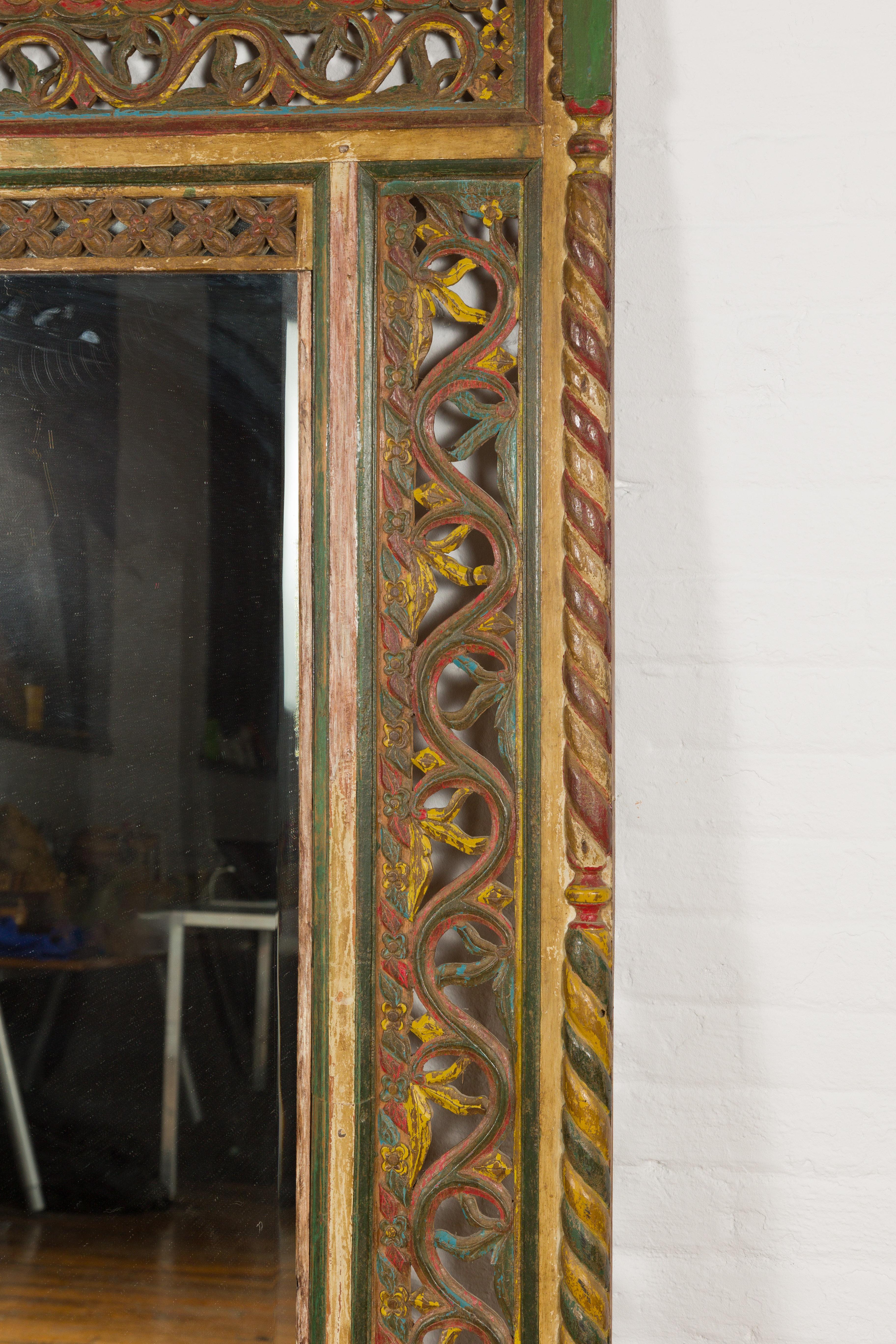 Multicolor Carved Window Frame Converted into Antique Mirror For Sale 2
