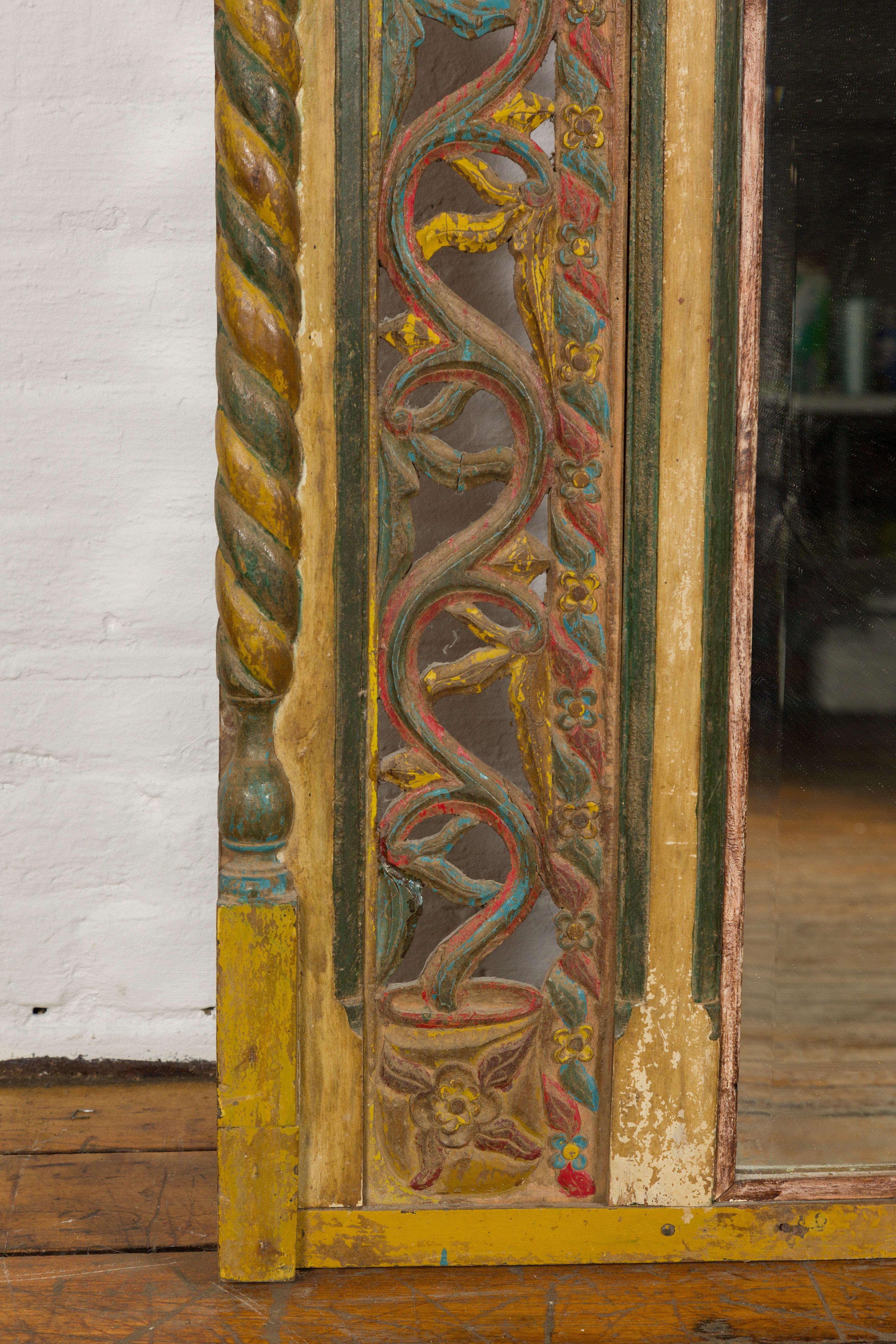 Multicolor Carved Window Frame Converted into Antique Mirror For Sale 4