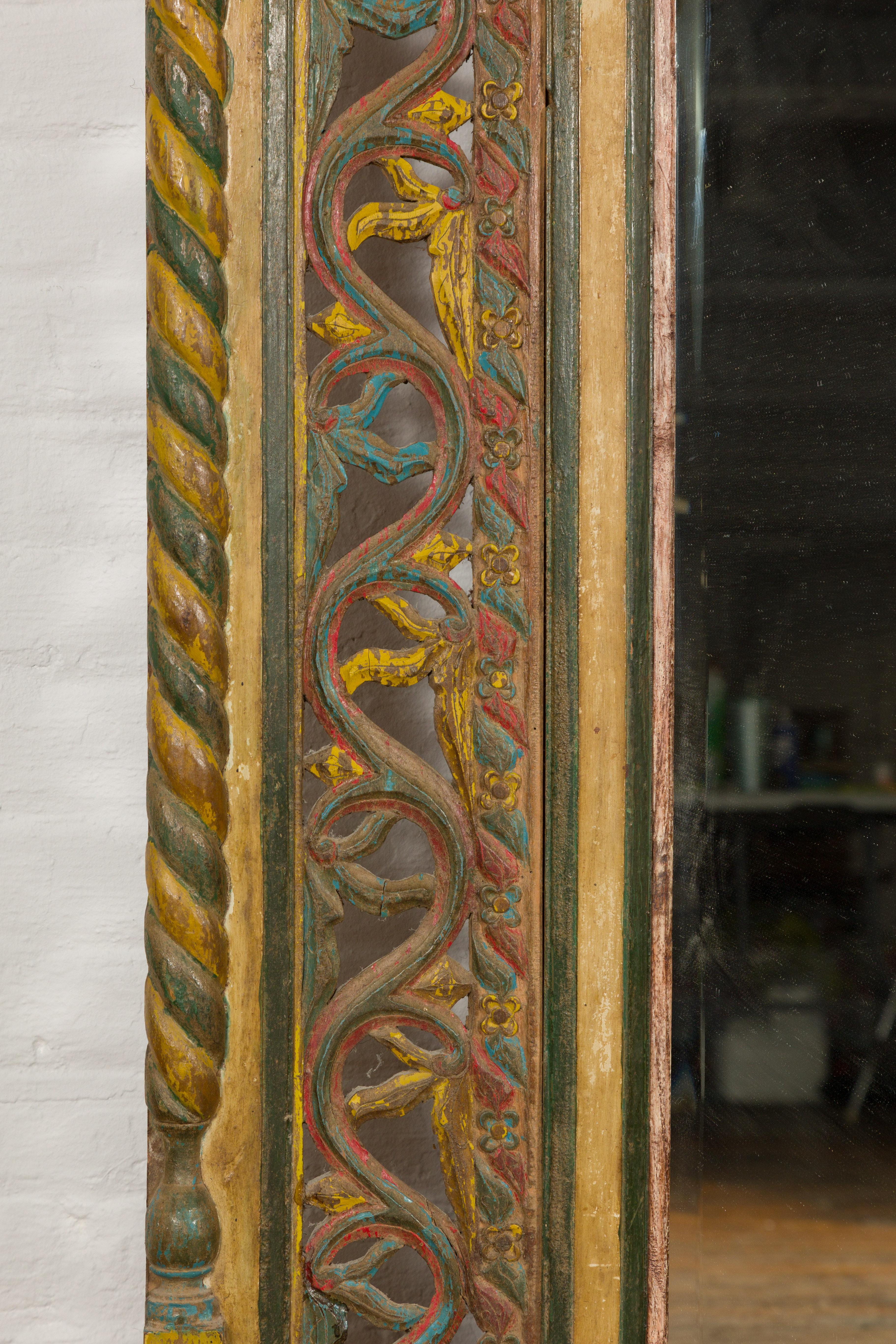 Multicolor Carved Window Frame Converted into Antique Mirror For Sale 5