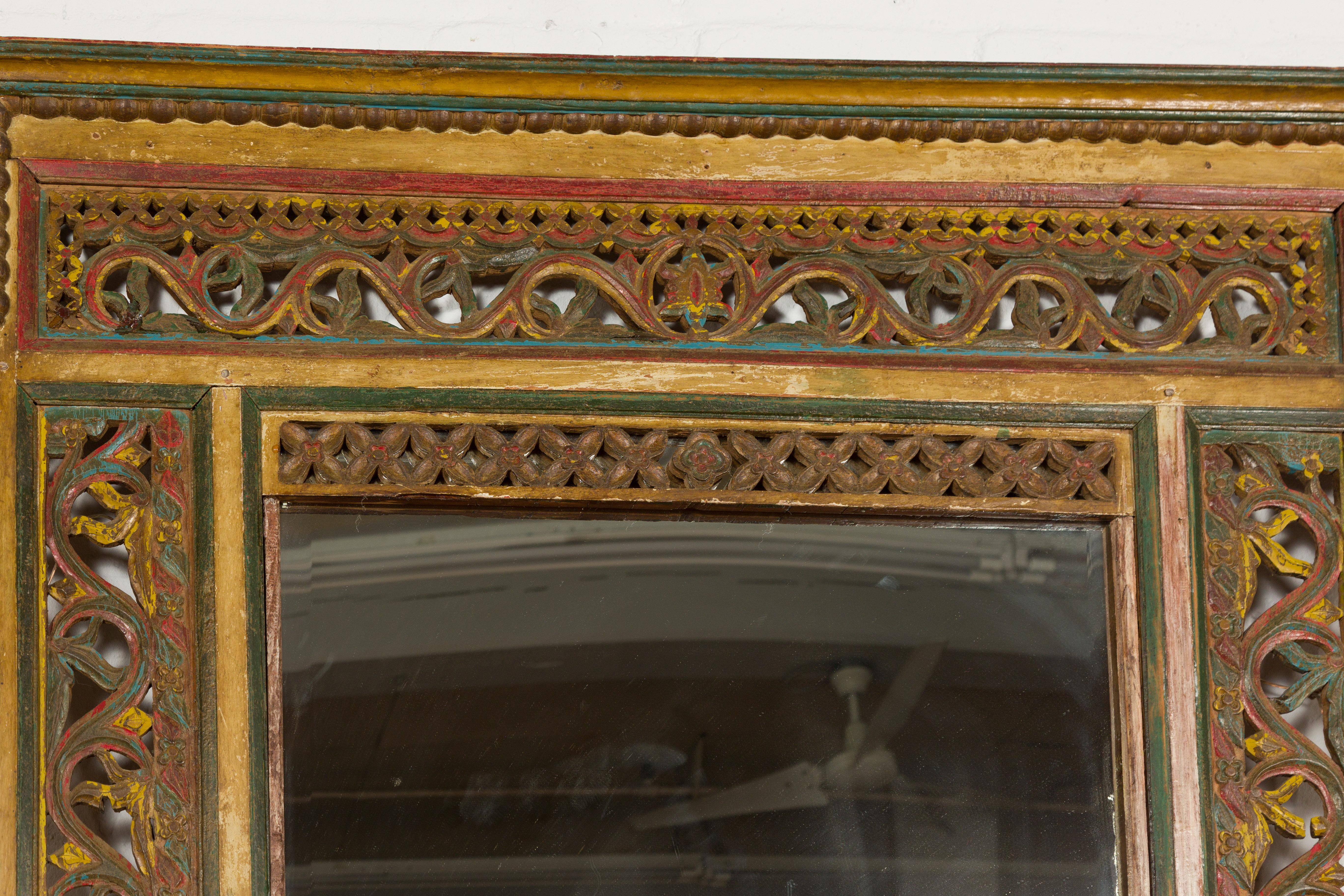 Multicolor Carved Window Frame Converted into Antique Mirror For Sale 6