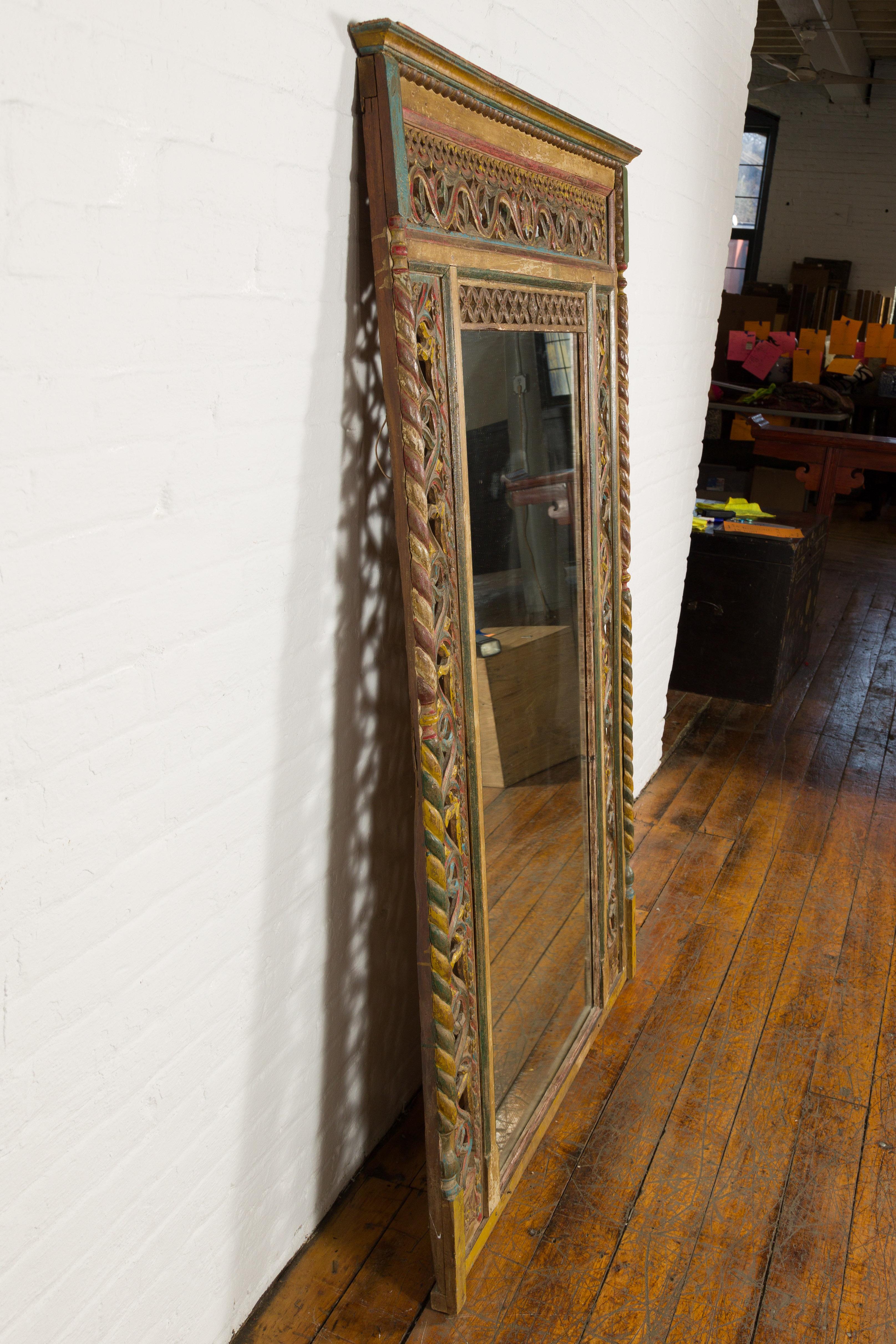 Multicolor Carved Window Frame Converted into Antique Mirror For Sale 8