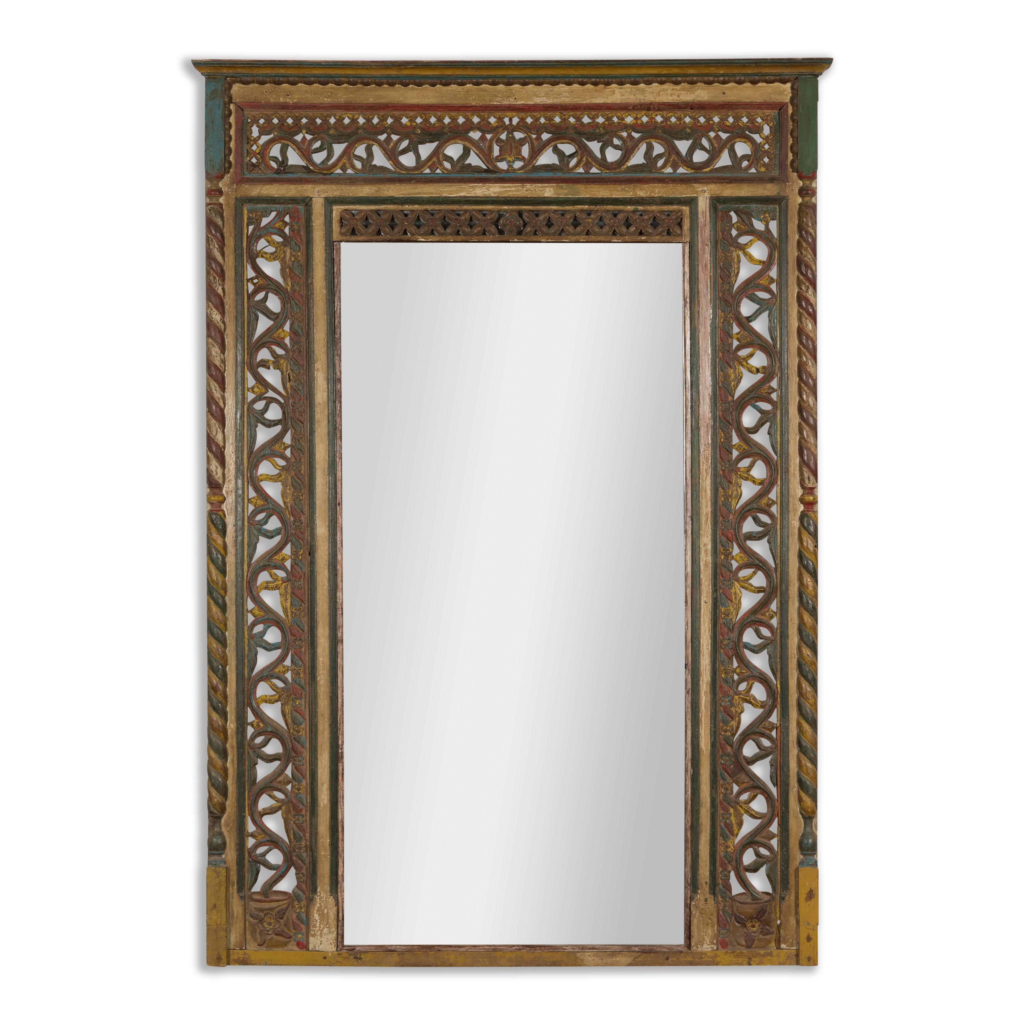 Multicolor Carved Window Frame Converted into Antique Mirror For Sale 11
