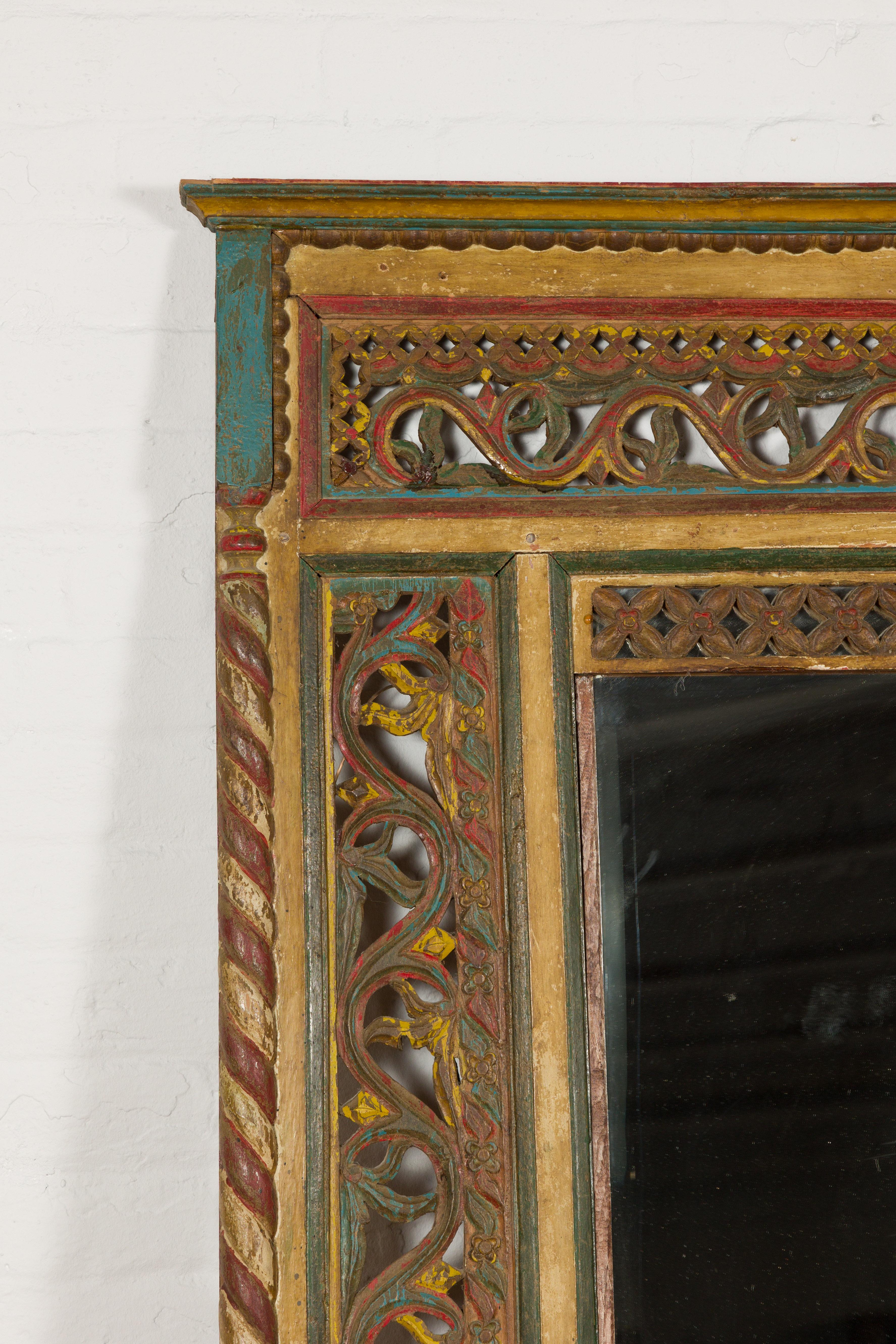 Indian Multicolor Carved Window Frame Converted into Antique Mirror For Sale