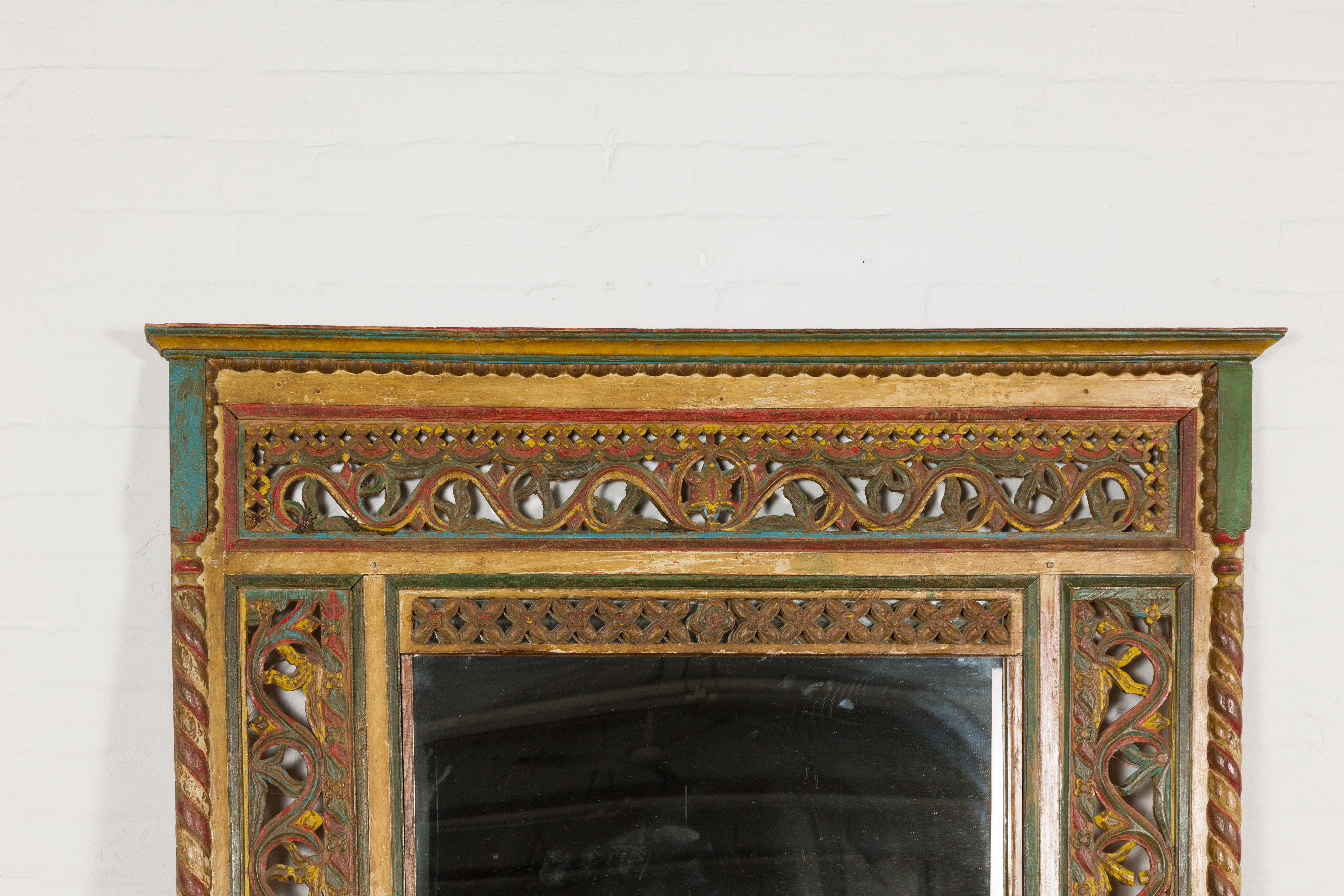 Multicolor Carved Window Frame Converted into Antique Mirror In Good Condition For Sale In Yonkers, NY
