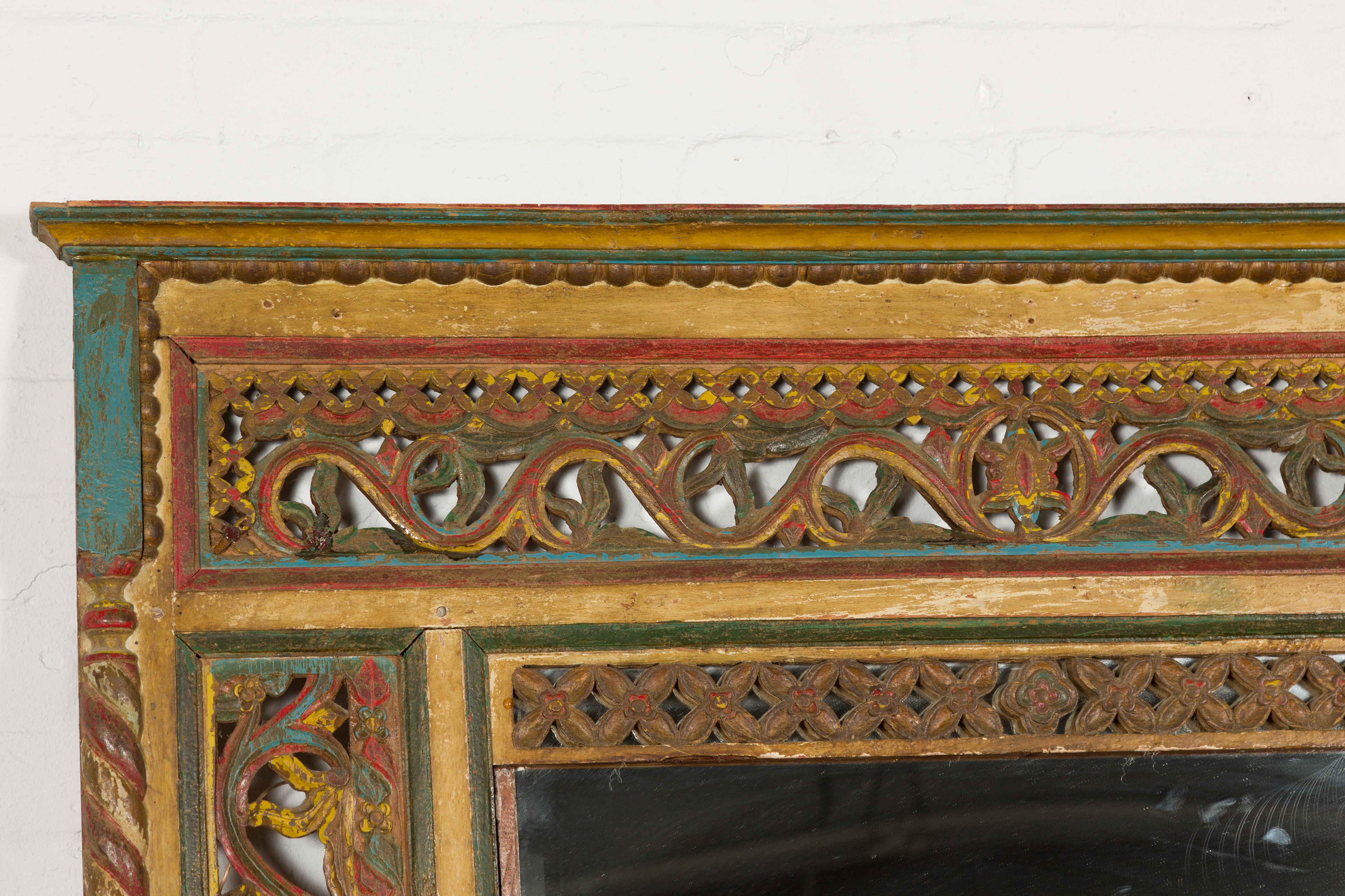 19th Century Multicolor Carved Window Frame Converted into Antique Mirror For Sale