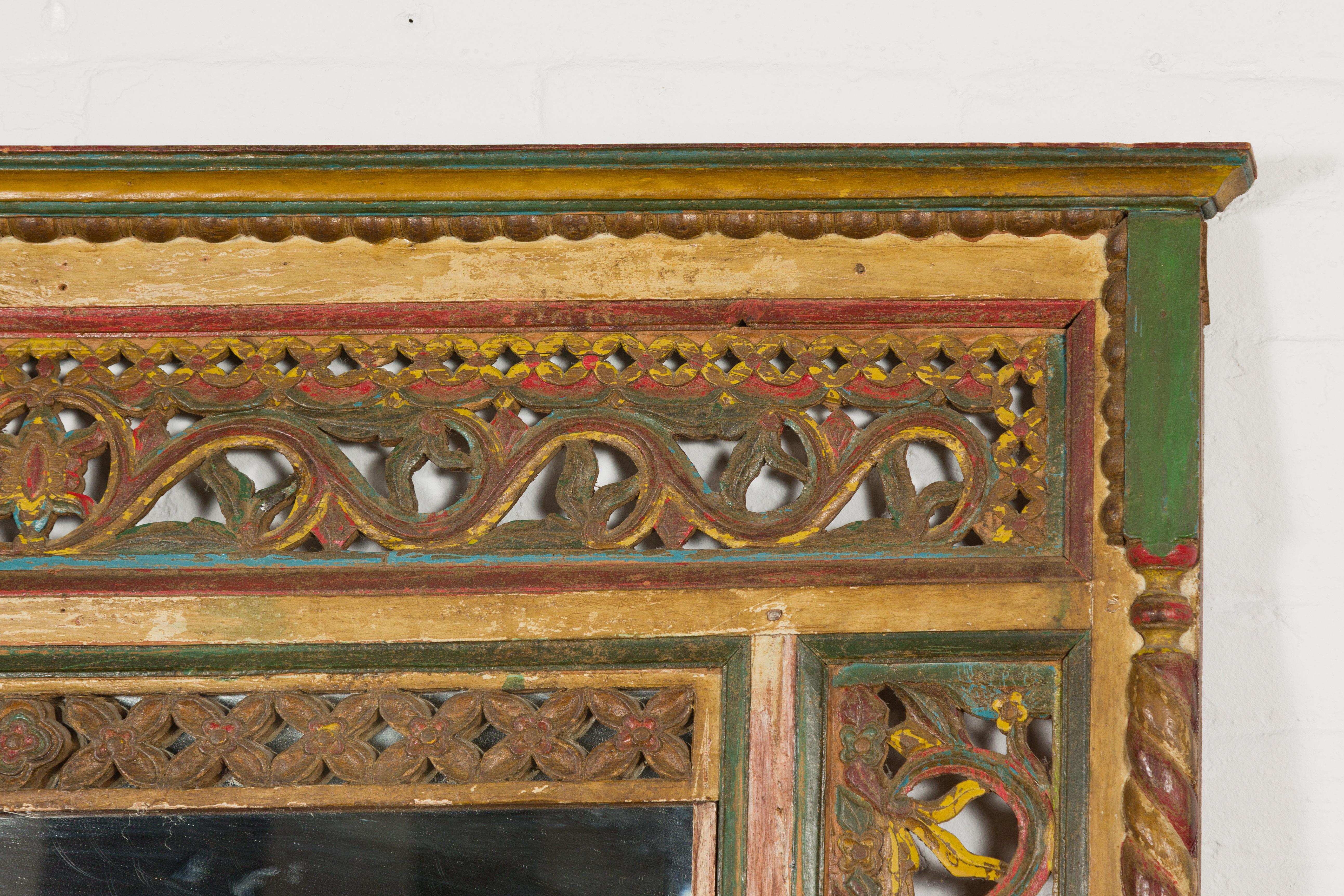 Multicolor Carved Window Frame Converted into Antique Mirror For Sale 1