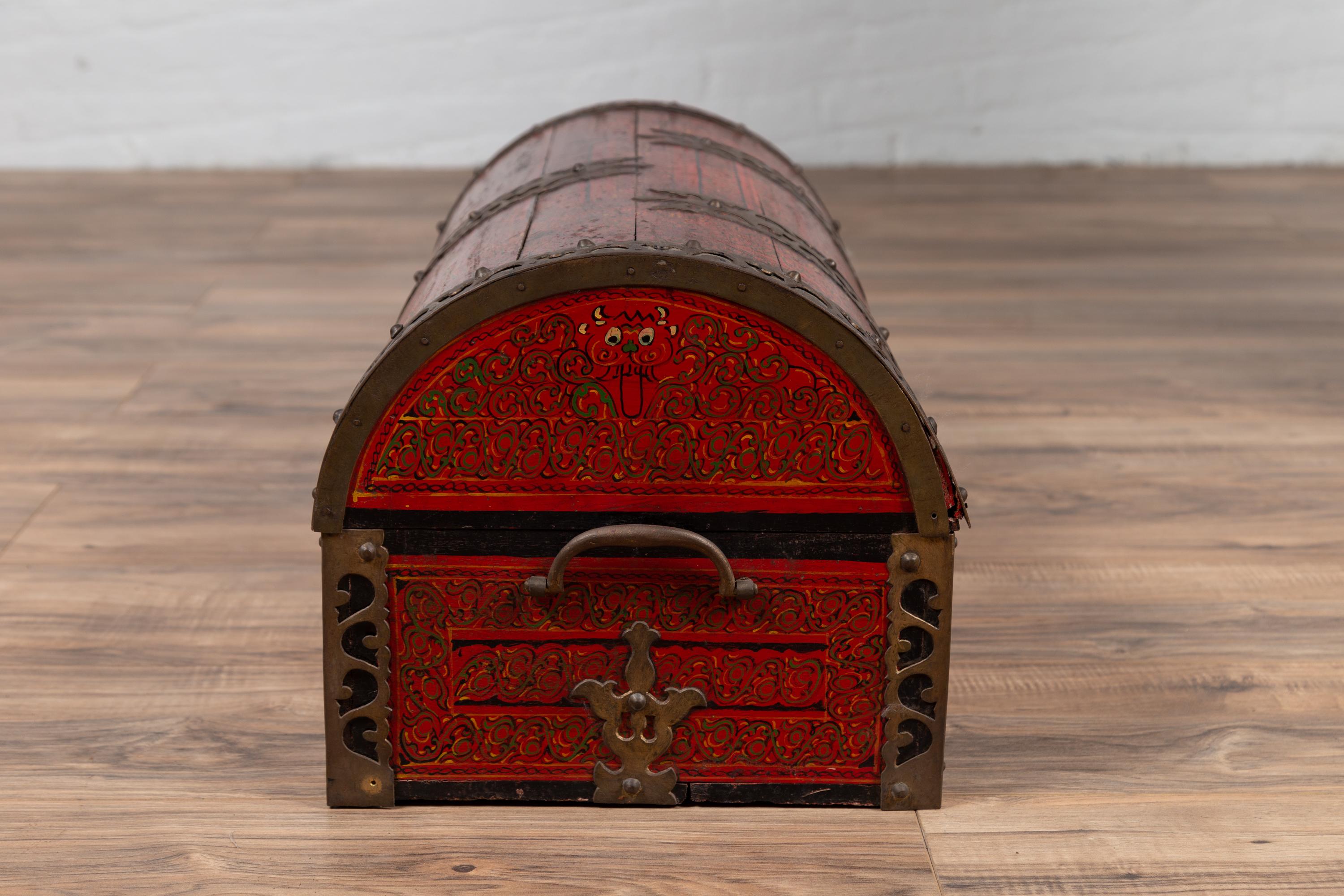 Antique Indian Red Lacquered Dowry Box from Rajasthan with Pierced Brass Braces 6