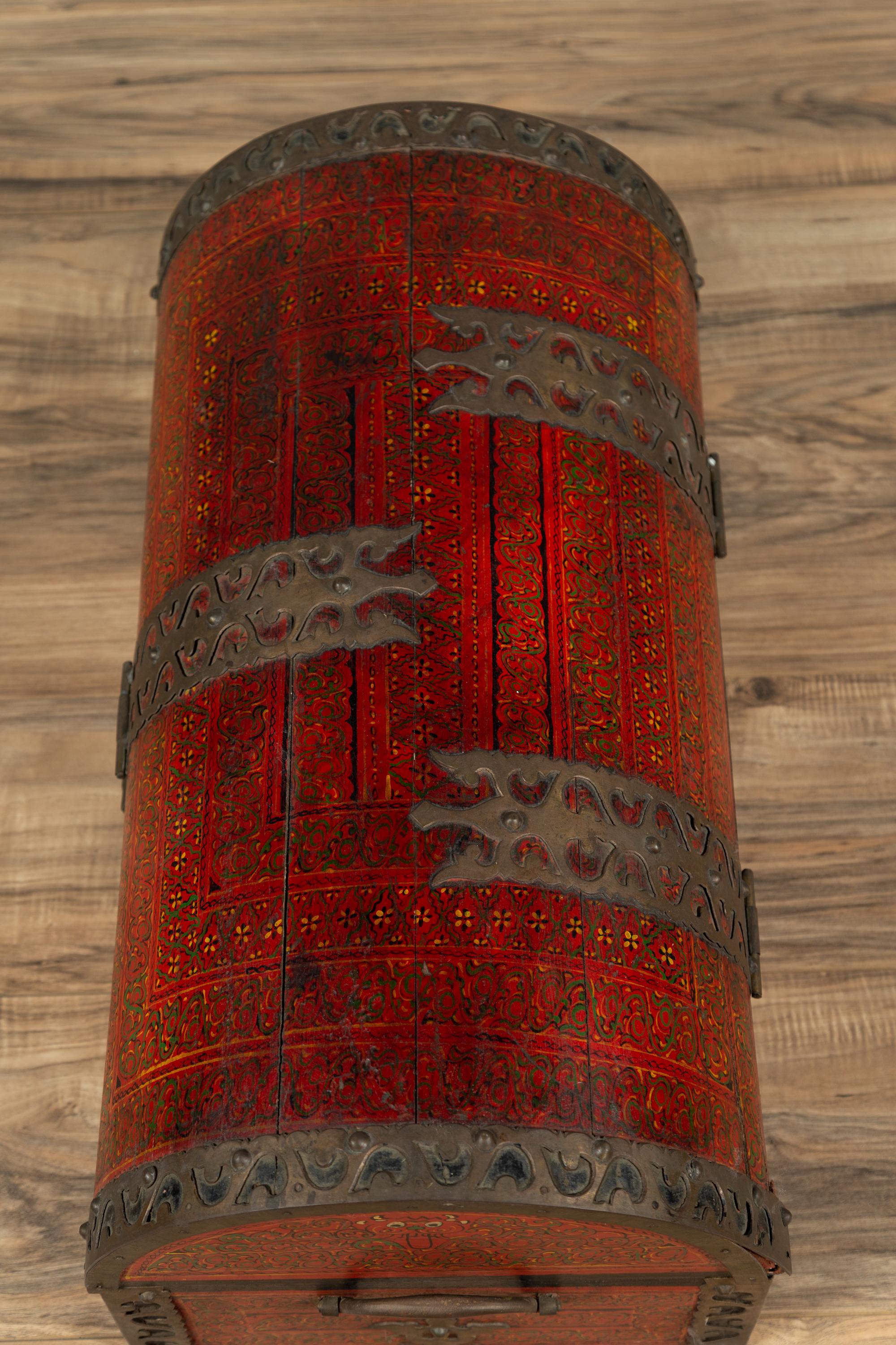Antique Indian Red Lacquered Dowry Box from Rajasthan with Pierced Brass Braces 7
