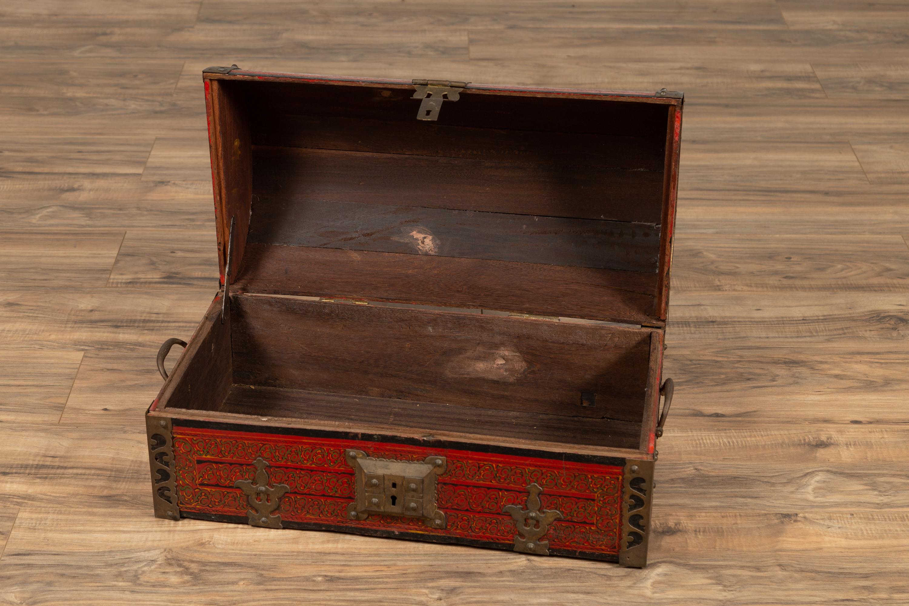 Antique Indian Red Lacquered Dowry Box from Rajasthan with Pierced Brass Braces 8