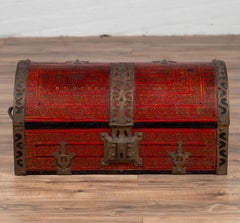 Antique Indian Red Lacquered Dowry Box from Rajasthan with Pierced Brass Braces