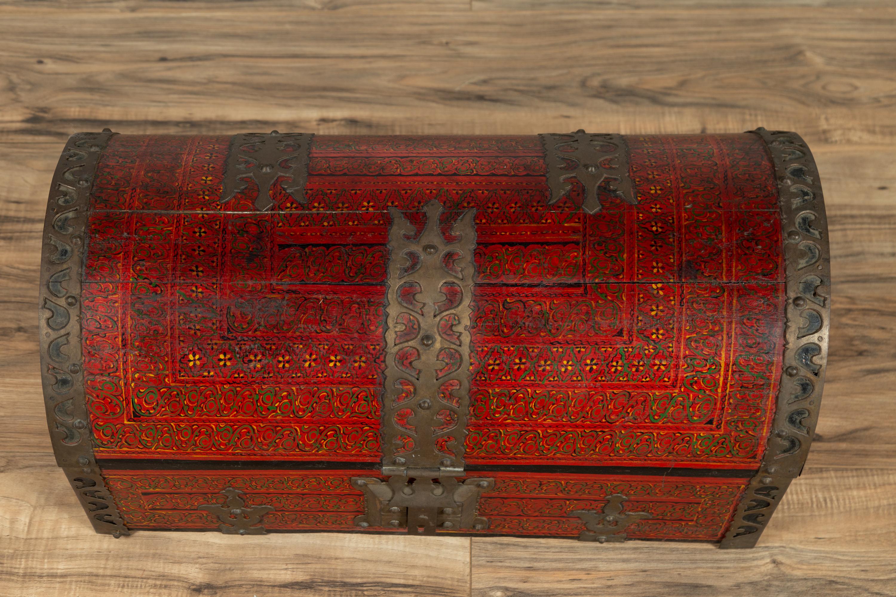 Antique Indian Red Lacquered Dowry Box from Rajasthan with Pierced Brass Braces In Good Condition In Yonkers, NY