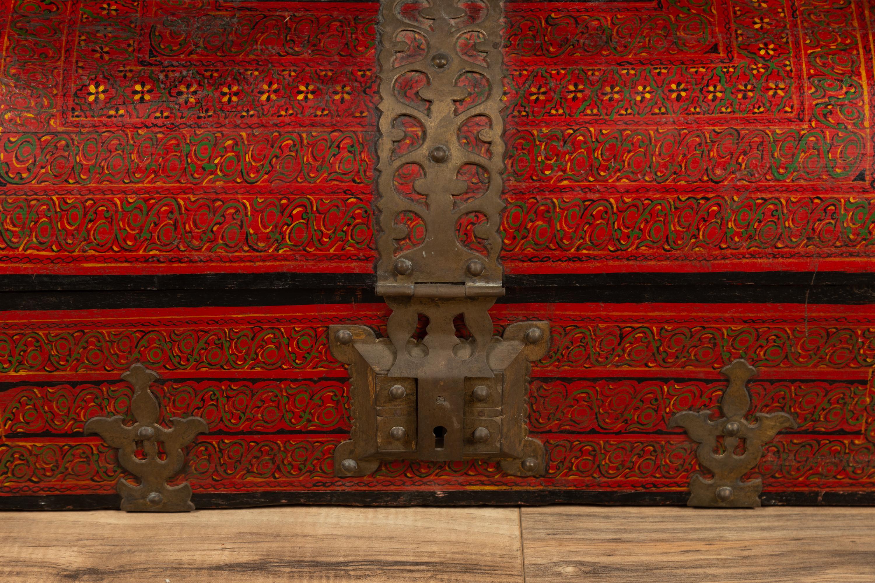 20th Century Antique Indian Red Lacquered Dowry Box from Rajasthan with Pierced Brass Braces