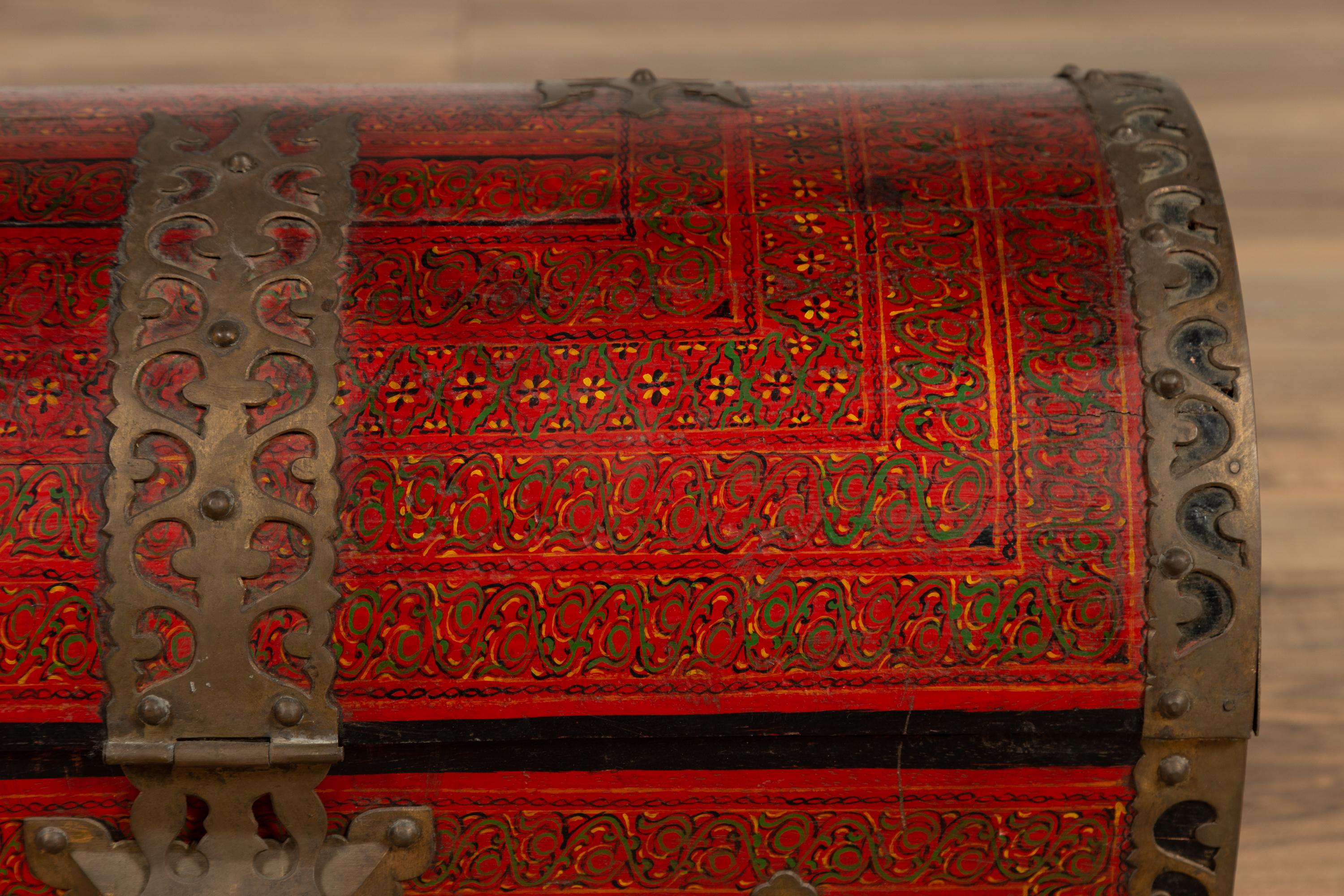 Antique Indian Red Lacquered Dowry Box from Rajasthan with Pierced Brass Braces 2