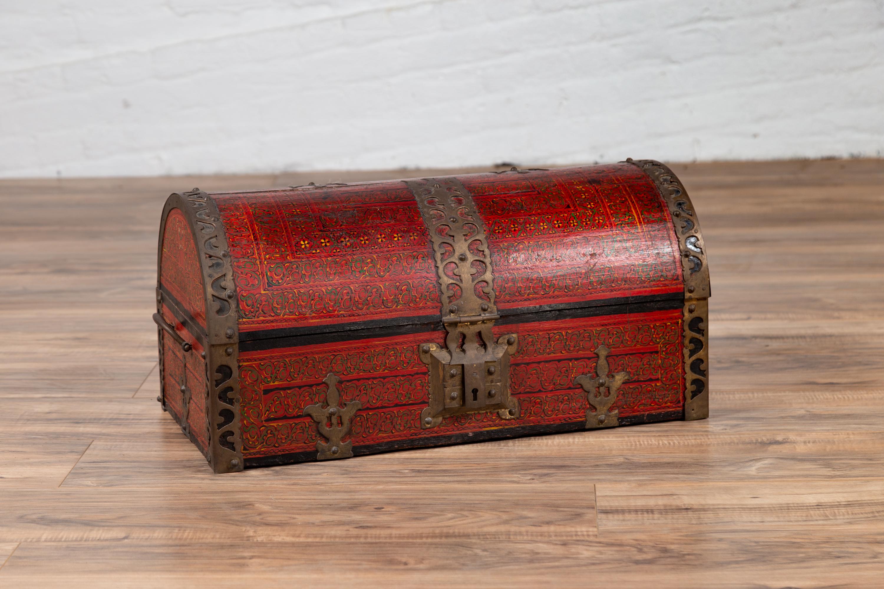 Antique Indian Red Lacquered Dowry Box from Rajasthan with Pierced Brass Braces 3